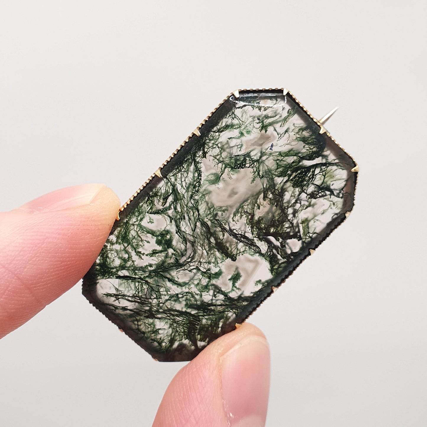 Antique Victorian 14k Gold Moss Agate Brooch Natural Quartz Veined Large Big Solid 14kt 585 Pin Jewelry Jewellery
