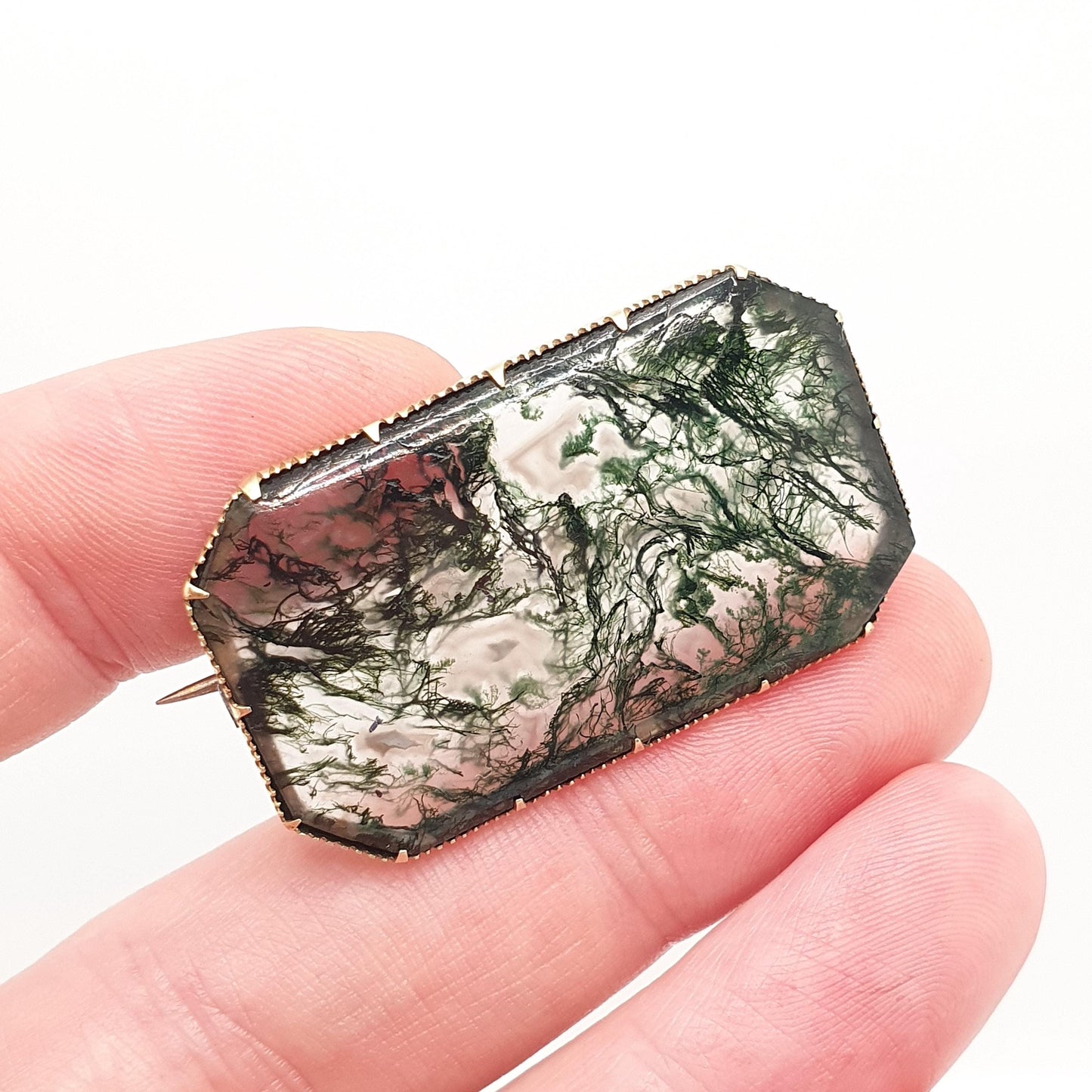 Antique Victorian 14k Gold Moss Agate Brooch Natural Quartz Veined Large Big Solid 14kt 585 Pin Jewelry Jewellery
