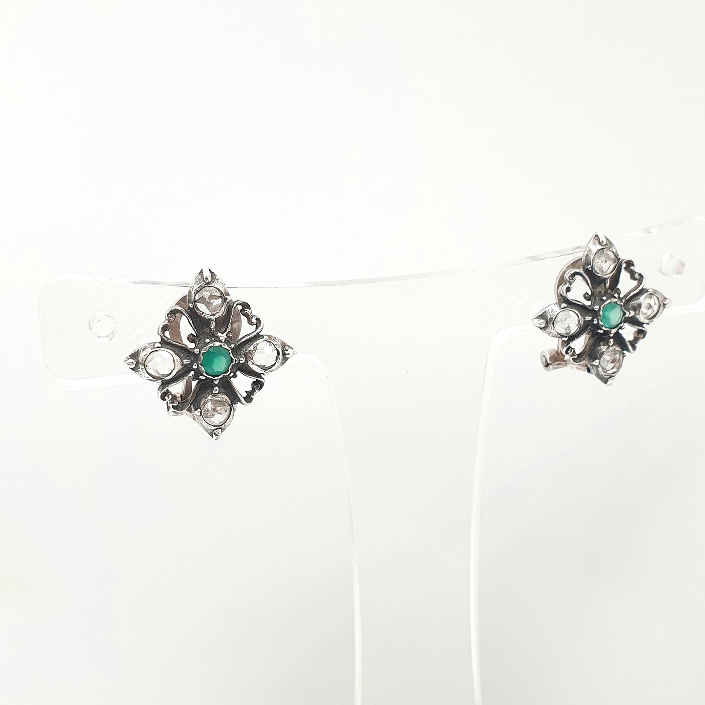 Vintage Solid Silver Emerald Earrings White Spinel Gemstone ART-JOY Stud Victorian Style Spanish Handmade Jewellery Jewelry