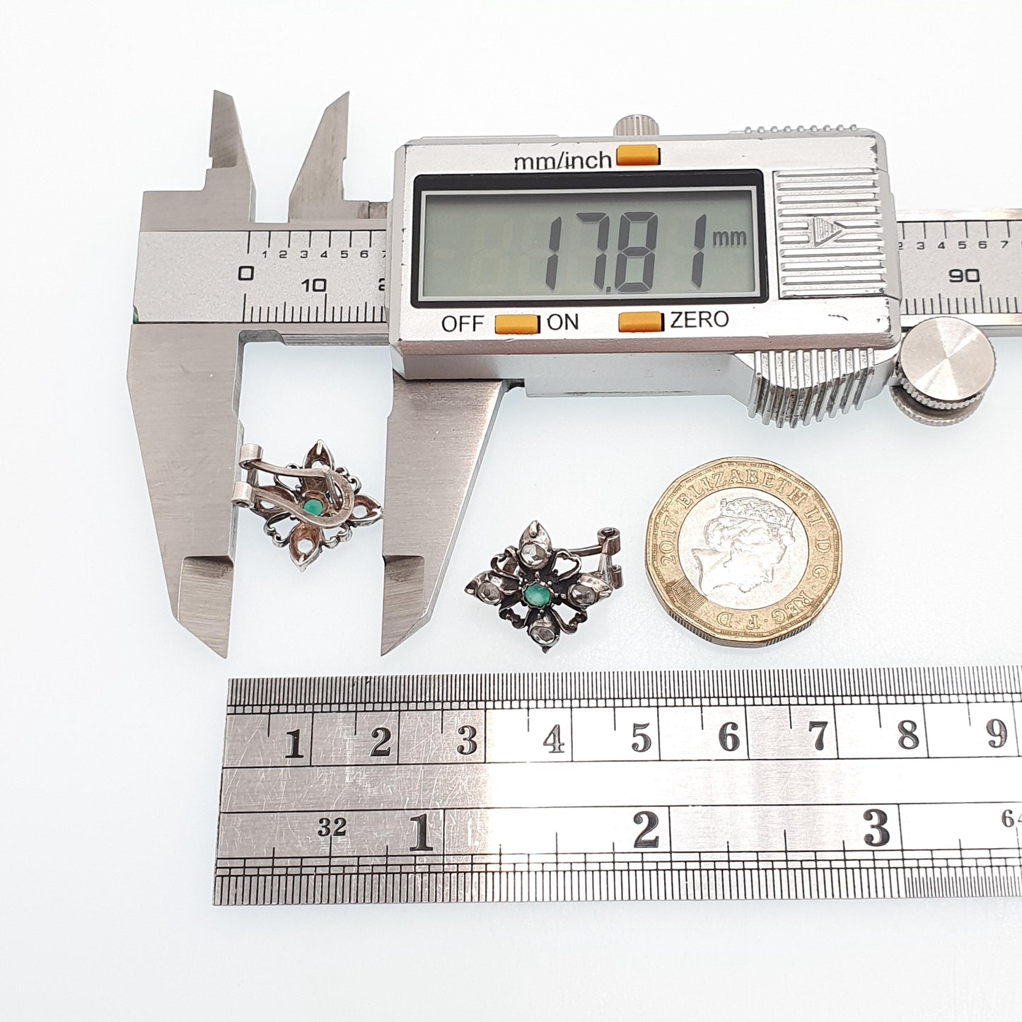 Vintage Solid Silver Emerald Earrings White Spinel Gemstone ART-JOY Stud Victorian Style Spanish Handmade Jewellery Jewelry