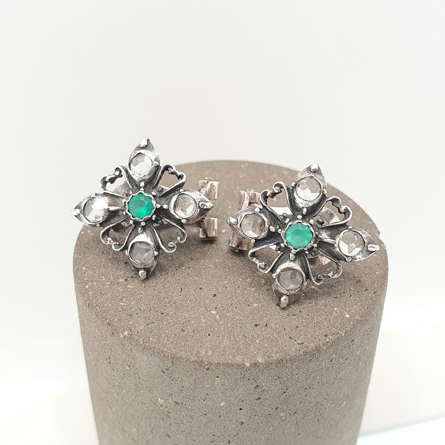 Vintage Solid Silver Emerald Earrings White Spinel Gemstone ART-JOY Stud Victorian Style Spanish Handmade Jewellery Jewelry
