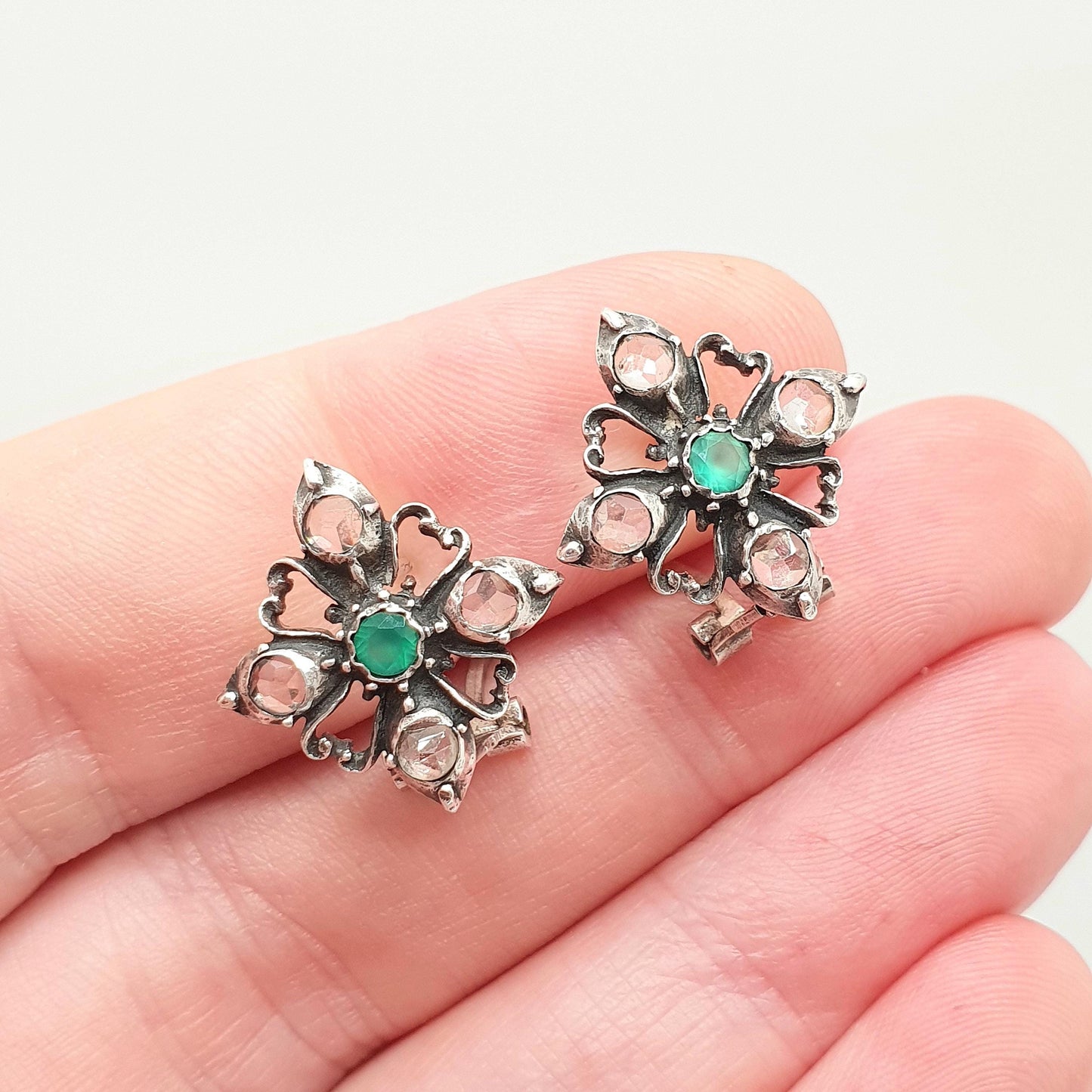 Vintage Solid Silver Emerald Earrings White Spinel Gemstone ART-JOY Stud Victorian Style Spanish Handmade Jewellery Jewelry