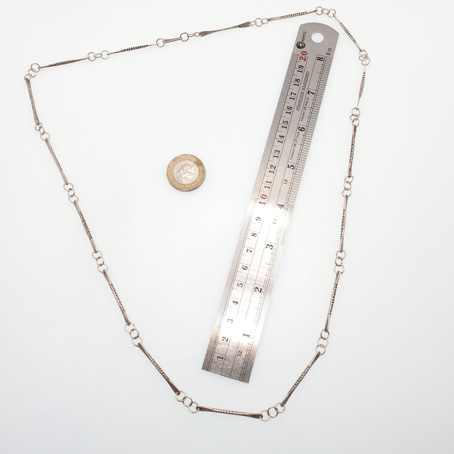 Antique Arts and Crafts Solid Silver Chain Necklace Victorian Bar & Rolo Link 74cm 29.1" 16.01g Long Womens Jewellery Jewelry