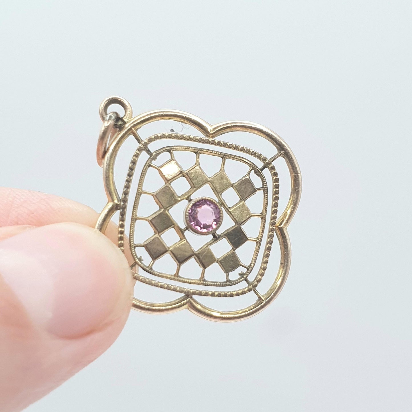 Antique Edwardian Rolled Gold Pink Paste Pendant Openwork Gold Filled Womens Vintage Jewellery Jewelry