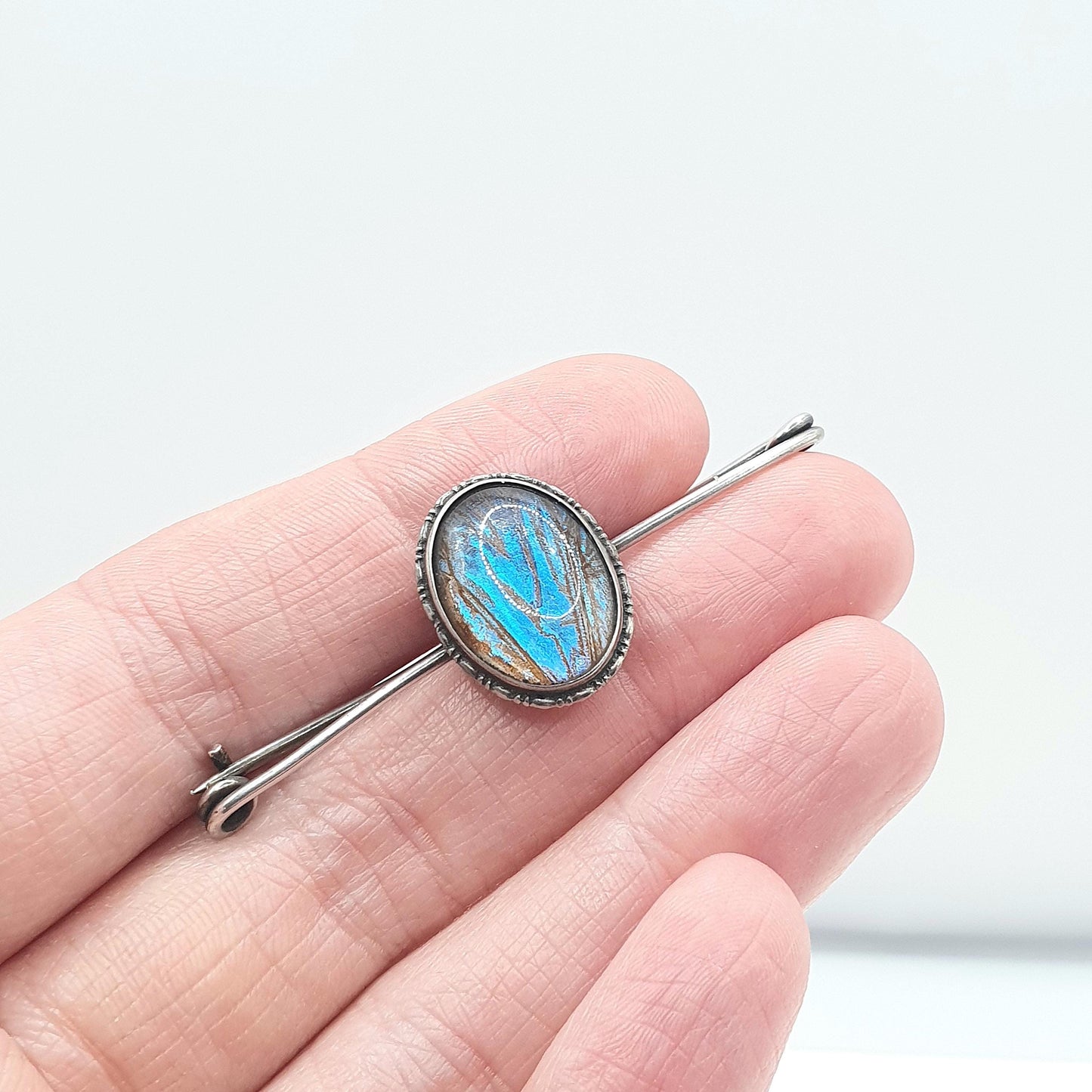 Antique Sterling Silver Blue Butterfly Wing Brooch Morpho Oval Safety Pin Womens Jewelry Vintage Insect Jewellery