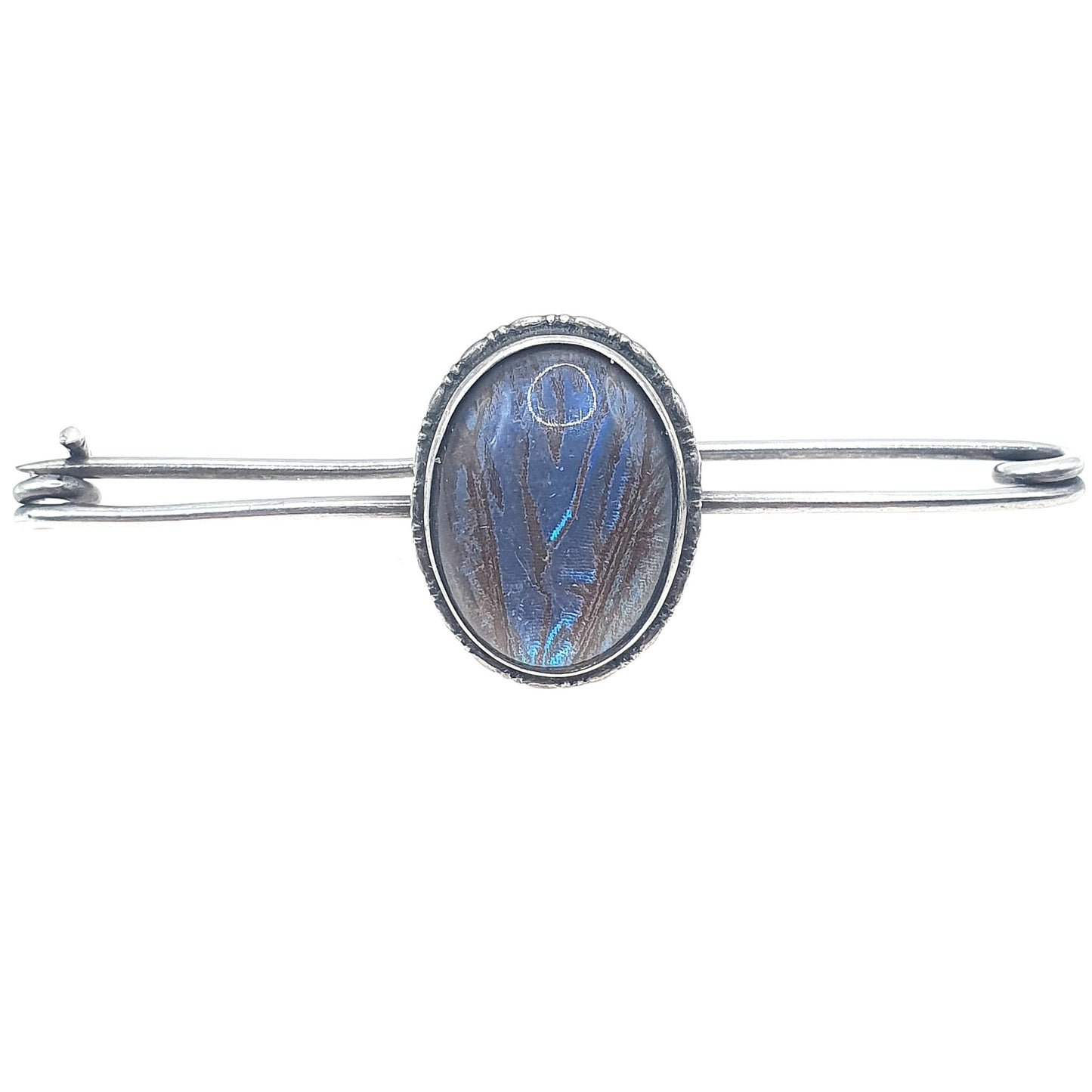 Antique Sterling Silver Blue Butterfly Wing Brooch Morpho Oval Safety Pin Womens Jewelry Vintage Insect Jewellery