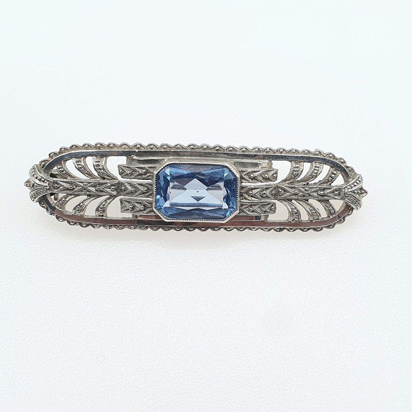 Antique Art Deco Solid Silver Blue Spinel Brooch Rectangle Cut Blue Gemstone Womens Ladies Jewelry Jewellery