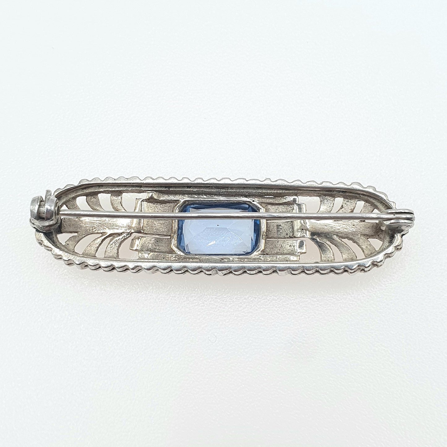 Antique Art Deco Solid Silver Blue Spinel Brooch Rectangle Cut Blue Gemstone Womens Ladies Jewelry Jewellery