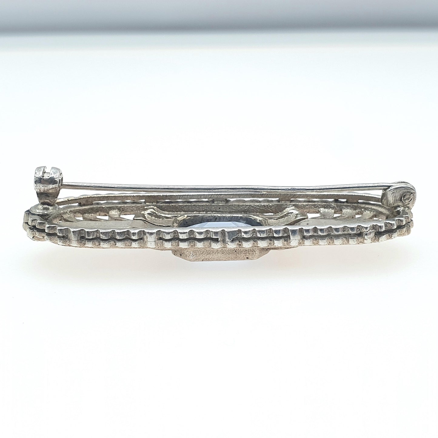 Antique Art Deco Solid Silver Blue Spinel Brooch Rectangle Cut Blue Gemstone Womens Ladies Jewelry Jewellery