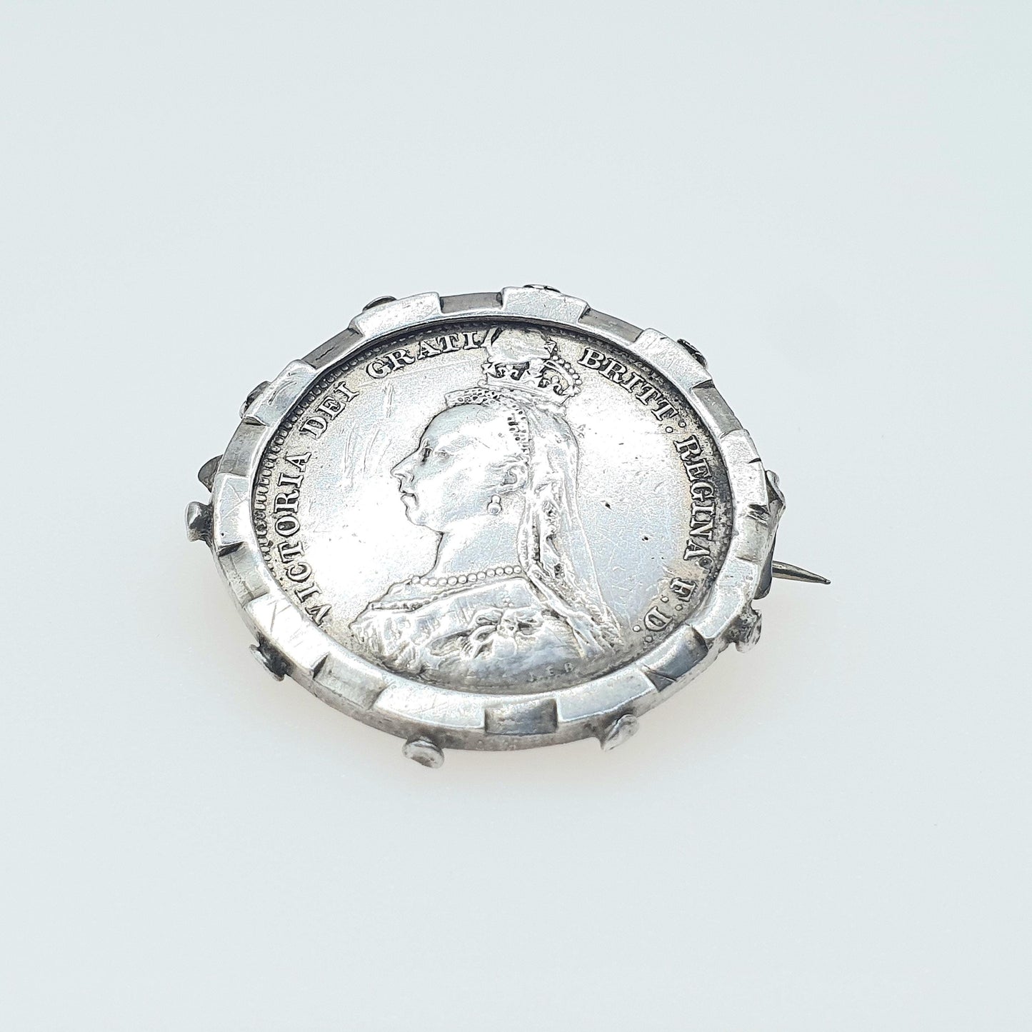 RESERVED/SOLD DON Antique Sterling Silver 1887 Coin Sixpence Brooch Queen Victoria Coins Unisex Womens Mens