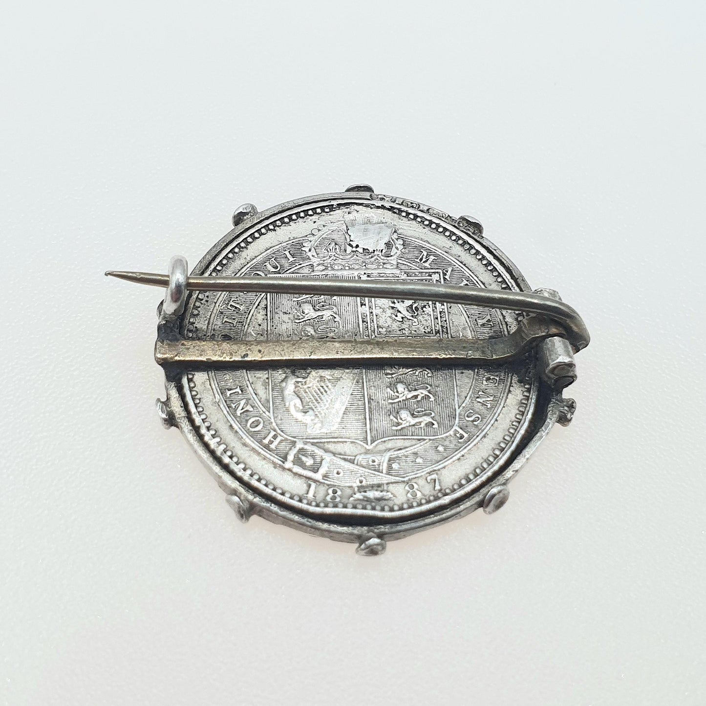 RESERVED/SOLD DON Antique Sterling Silver 1887 Coin Sixpence Brooch Queen Victoria Coins Unisex Womens Mens