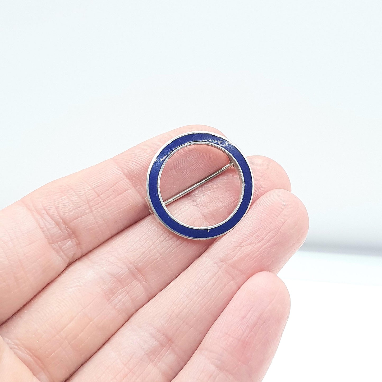 Antique Solid Silver Blue Enamel Circle Brooch Edwardian 1900s Round Womens Mens Unisex Jewelry Jewellery Vintage