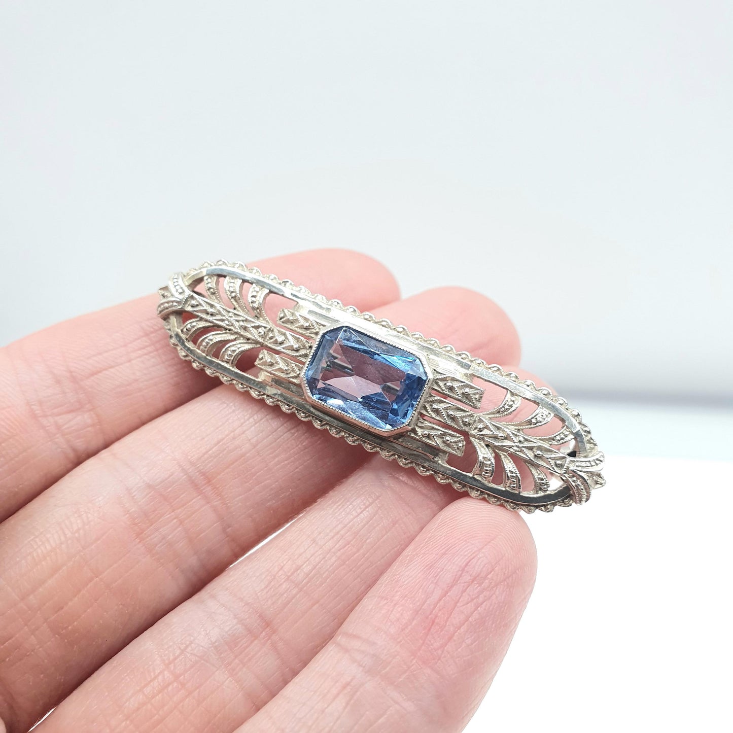 Antique Art Deco Solid Silver Blue Spinel Brooch Rectangle Cut Blue Gemstone Womens Ladies Jewelry Jewellery