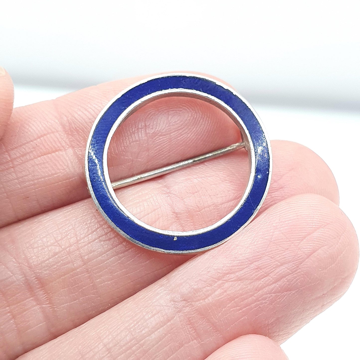 Antique Solid Silver Blue Enamel Circle Brooch Edwardian 1900s Round Womens Mens Unisex Jewelry Jewellery Vintage