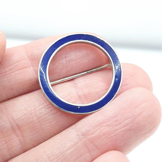 Antique Solid Silver Blue Enamel Circle Brooch Edwardian 1900s Round Womens Mens Unisex Jewelry Jewellery Vintage