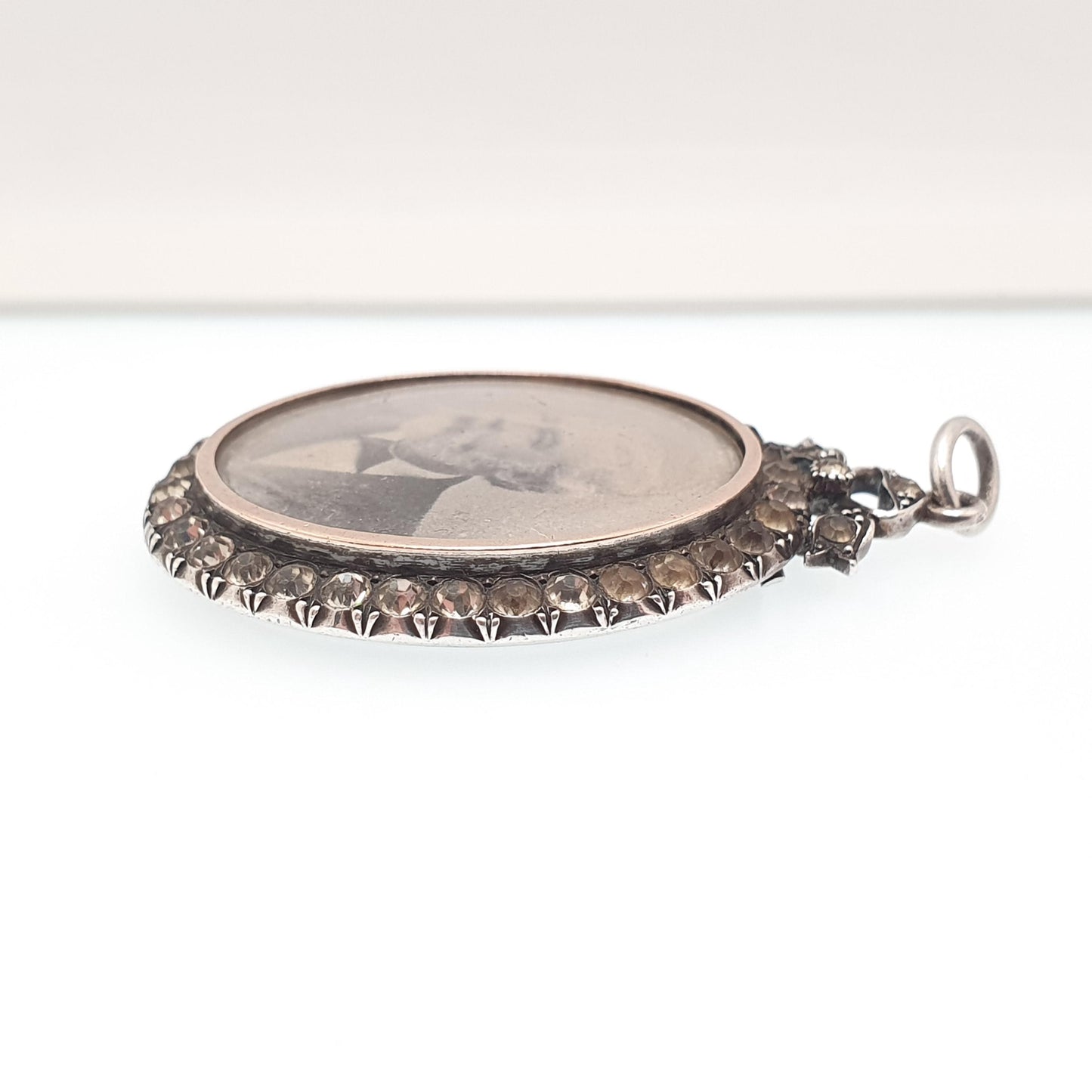 Antique Sterling Silver Diamond Paste Locket Pendant Edwardian PARISIAN DIAMOND COMPANY Oval Bow Necklace Picture Photo Double Sided Vintage