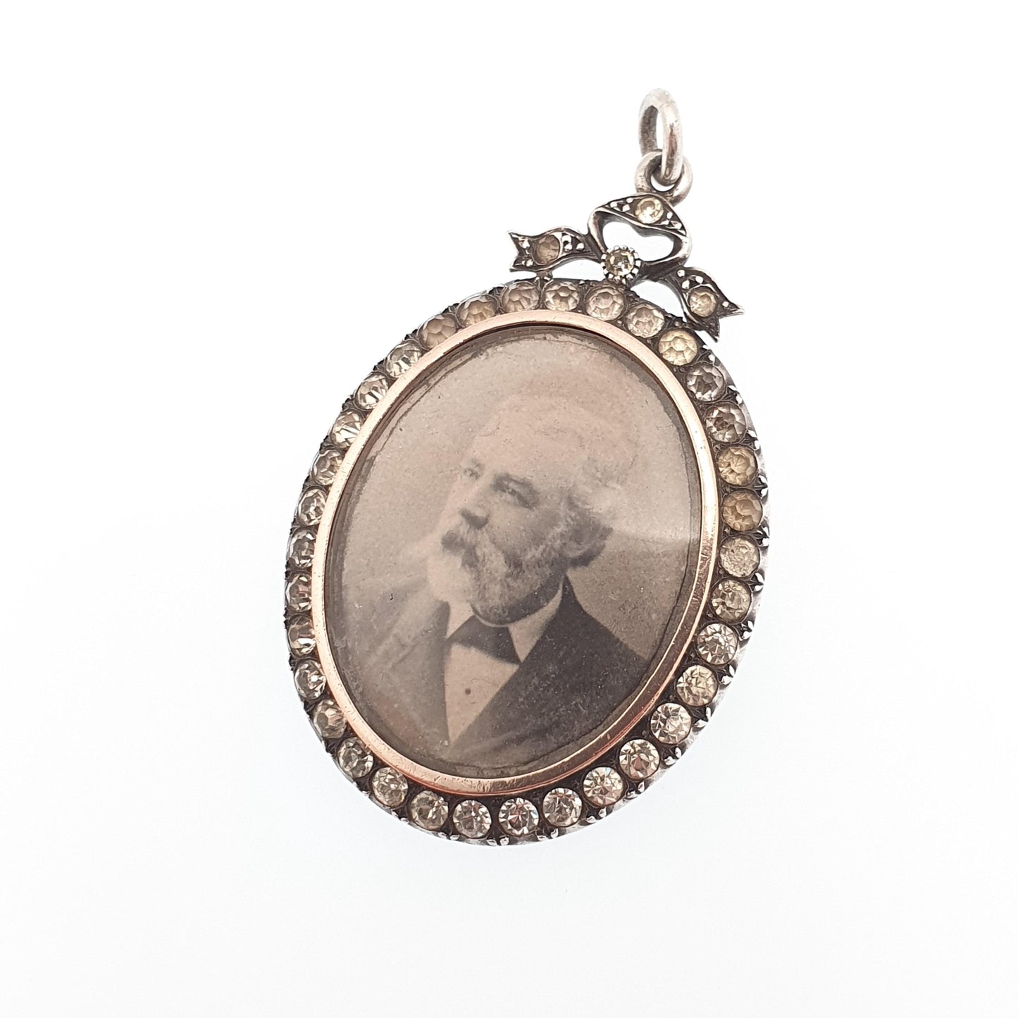 Antique Sterling Silver Diamond Paste Locket Pendant Edwardian PARISIAN DIAMOND COMPANY Oval Bow Necklace Picture Photo Double Sided Vintage