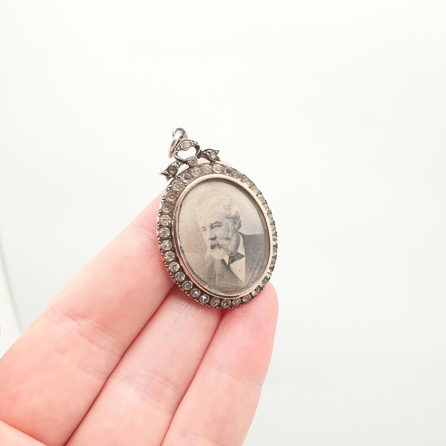 Antique Sterling Silver Diamond Paste Locket Pendant Edwardian PARISIAN DIAMOND COMPANY Oval Bow Necklace Picture Photo Double Sided Vintage