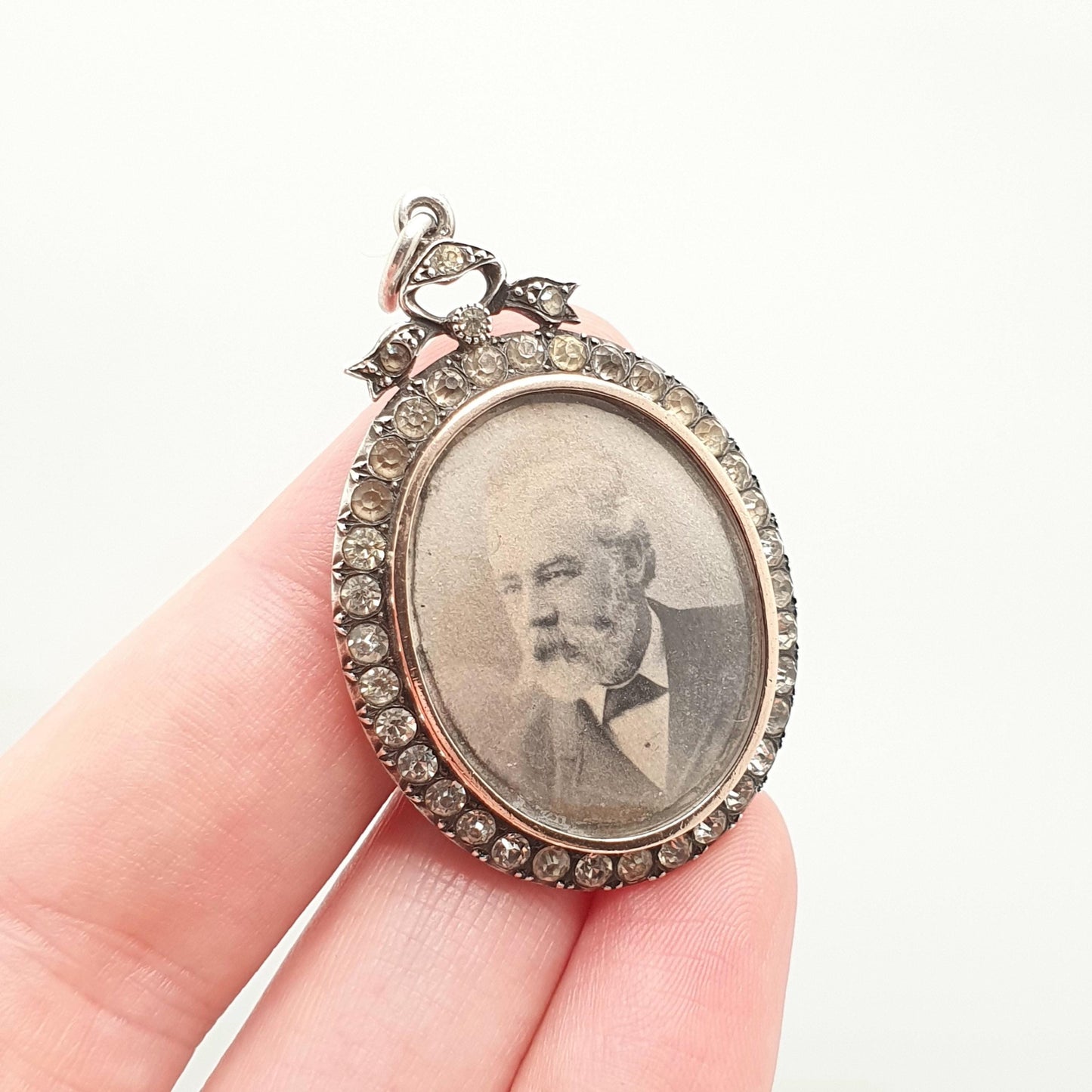 Antique Sterling Silver Diamond Paste Locket Pendant Edwardian PARISIAN DIAMOND COMPANY Oval Bow Necklace Picture Photo Double Sided Vintage