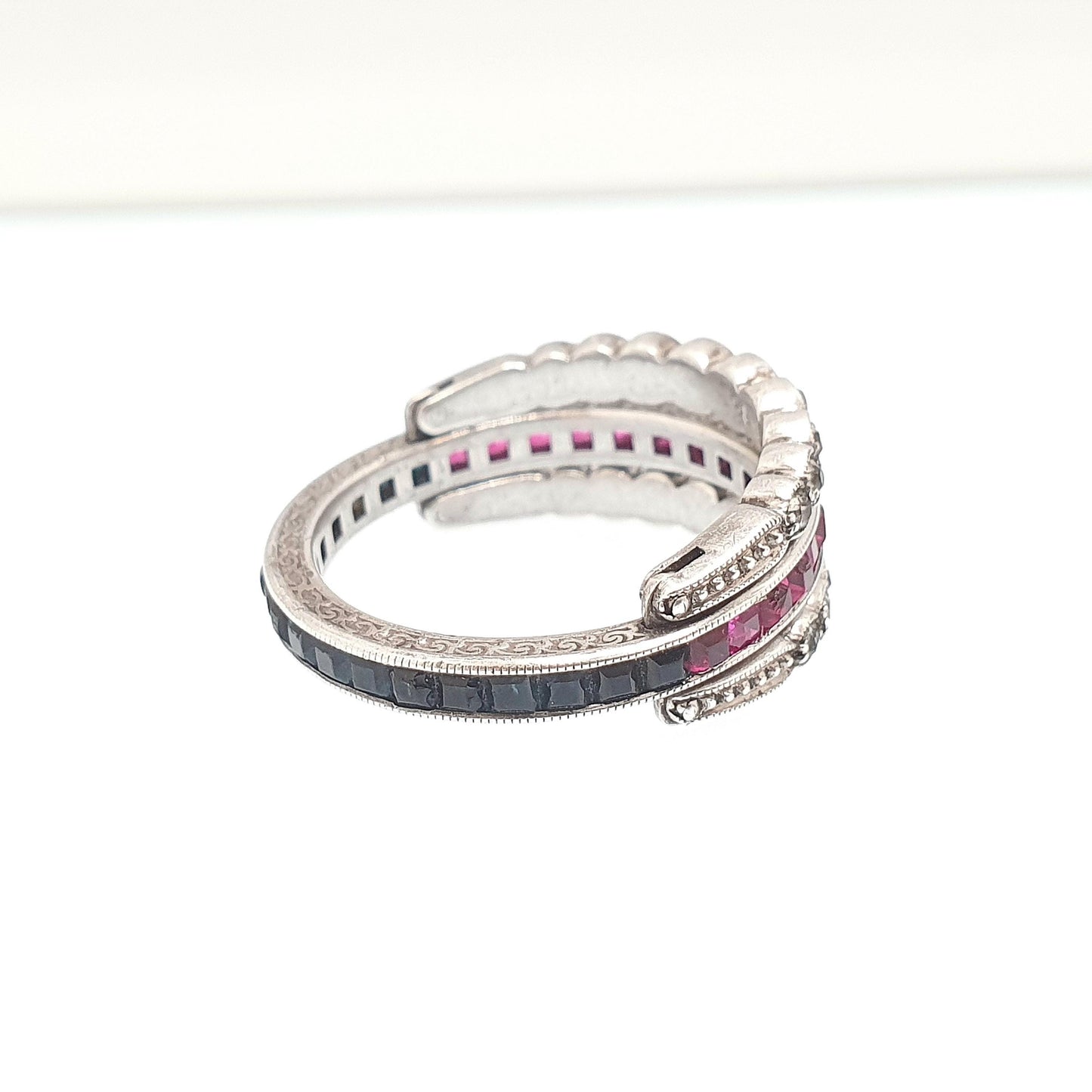 Antique Day & Night Ring Sterling Silver Paste Channel Set Blue Sapphire Ruby and Diamond Pastes Eternity Ring Flip Over Hinge