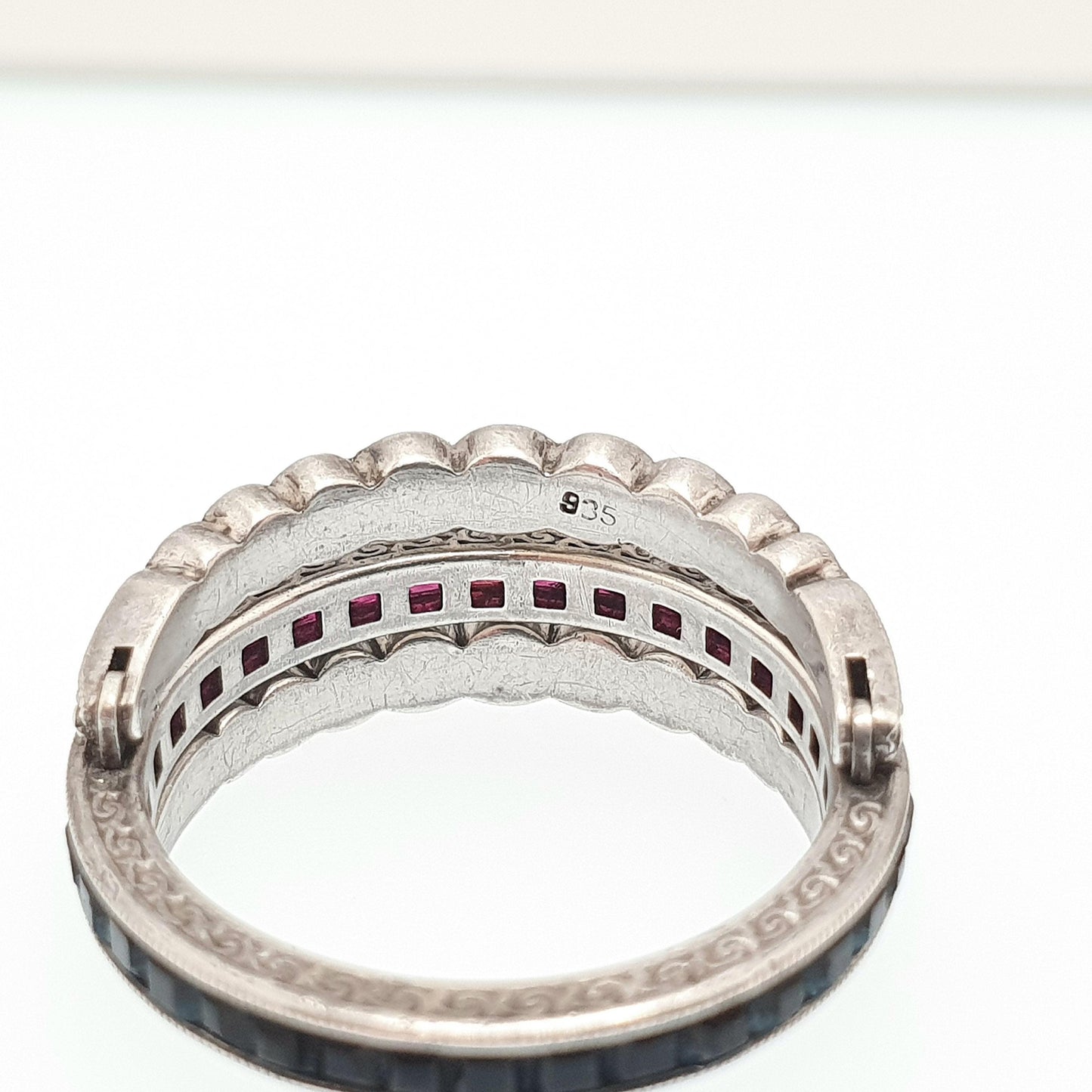 Antique Day & Night Ring Sterling Silver Paste Channel Set Blue Sapphire Ruby and Diamond Pastes Eternity Ring Flip Over Hinge