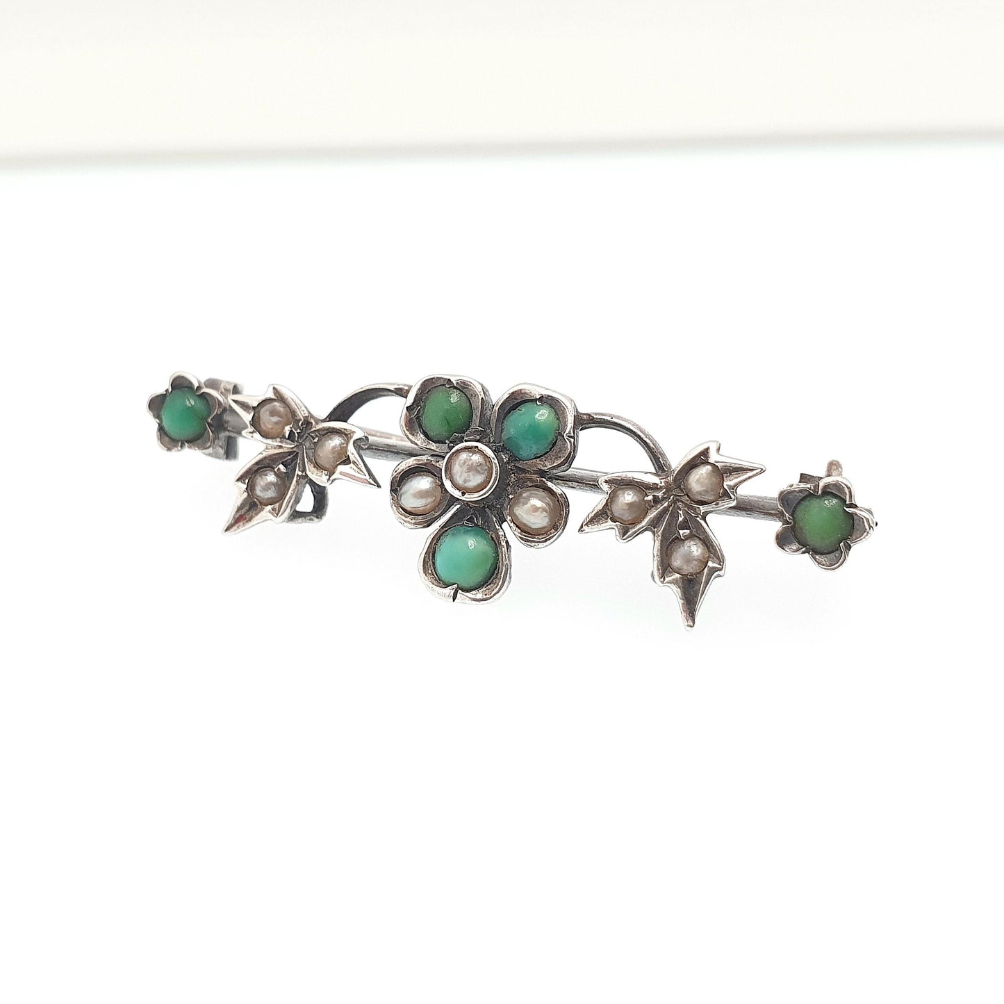 Antique Solid Silver Turquoise Brooch Victorian Bar Pin Seed Peal Flower Forget Me Not Natural Gemstone Jewelry Jewellery Vintage