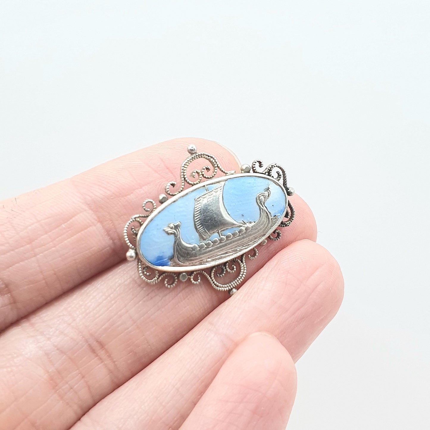 Antique Solid Silver Viking Longship Blue Enamel Brooch Scandinavian Ship Boat Nautical '830S' Art Deco Vintage Unisex Jewelry Jewellery