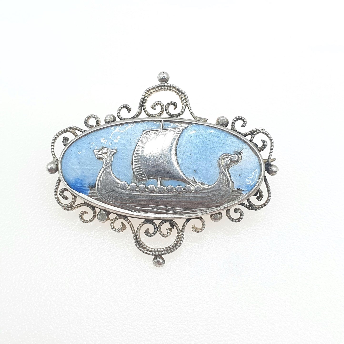 Antique Solid Silver Viking Longship Blue Enamel Brooch Scandinavian Ship Boat Nautical '830S' Art Deco Vintage Unisex Jewelry Jewellery