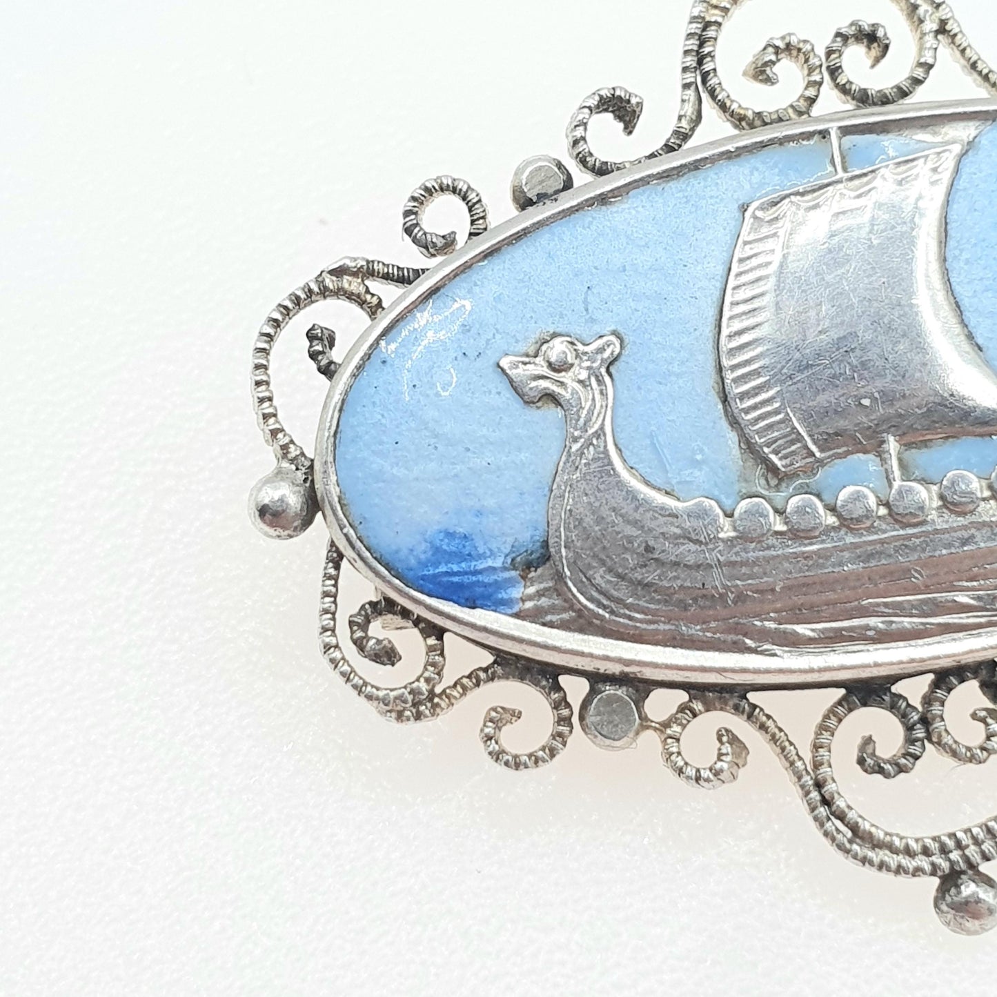 Antique Solid Silver Viking Longship Blue Enamel Brooch Scandinavian Ship Boat Nautical '830S' Art Deco Vintage Unisex Jewelry Jewellery