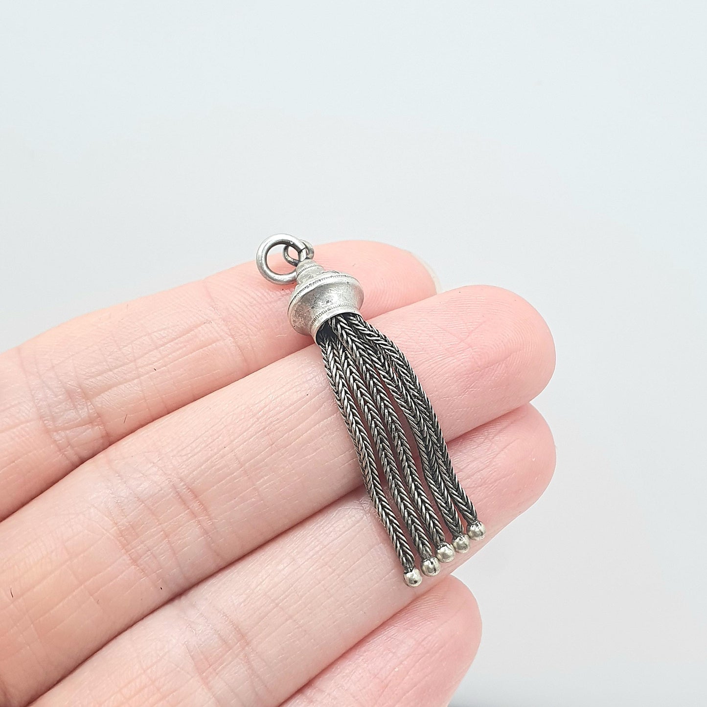Antique Victorian Solid Silver Tassel Fob Pendant Charm Necklace Etruscan Beaded Mens Womens Jewellery Jewelry