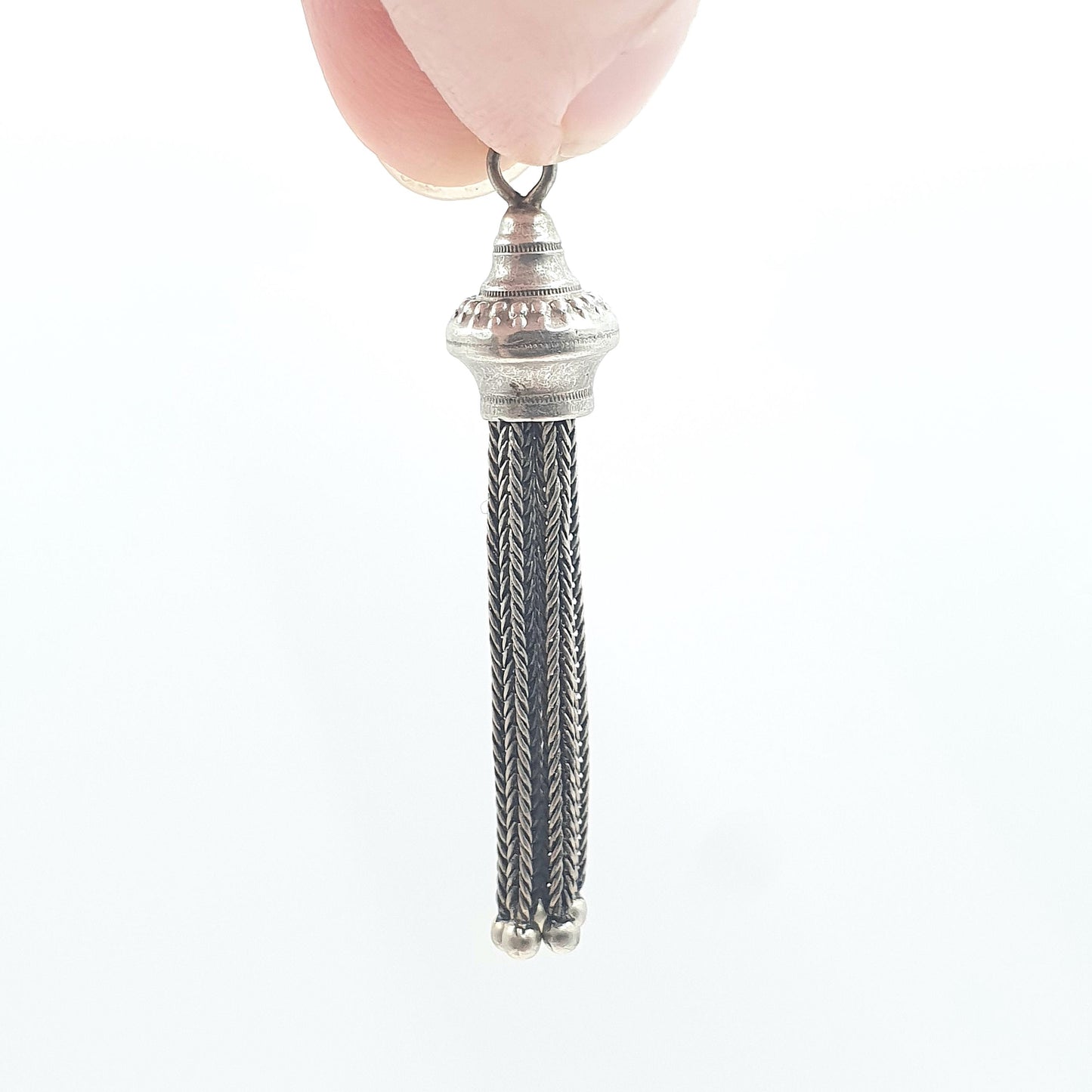 Antique Victorian Solid Silver Tassel Fob Pendant Charm Necklace Etruscan Beaded Mens Womens Jewellery Jewelry