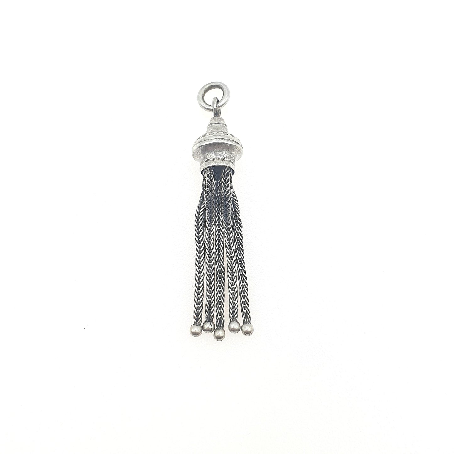 Antique Victorian Solid Silver Tassel Fob Pendant Charm Necklace Etruscan Beaded Mens Womens Jewellery Jewelry