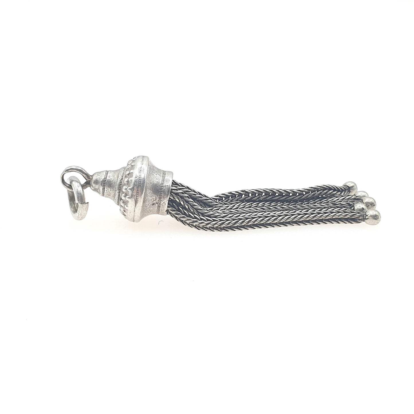Antique Victorian Solid Silver Tassel Fob Pendant Charm Necklace Etruscan Beaded Mens Womens Jewellery Jewelry