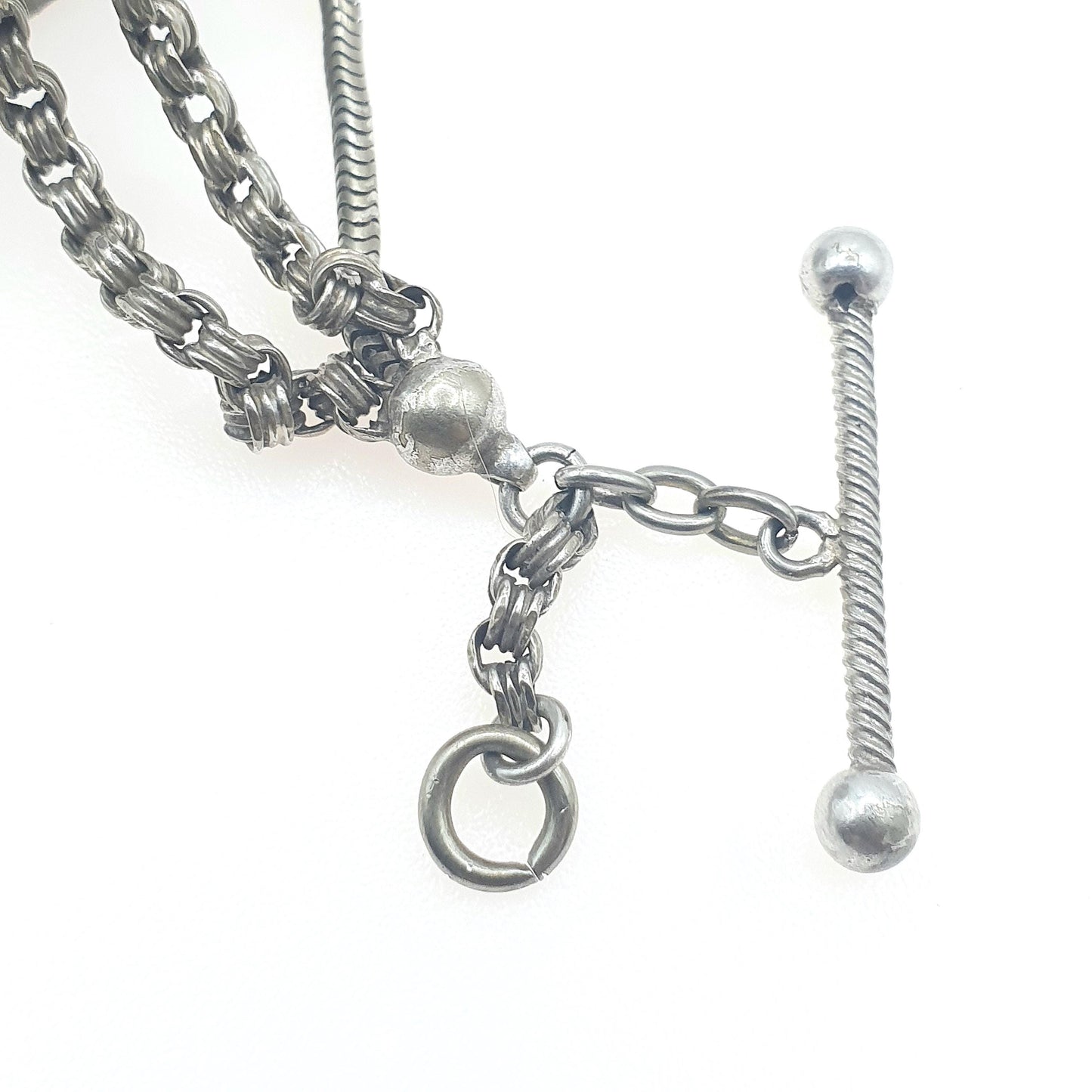 Antique Victorian Silver Plate Albertina Bracelet With Dog Clip and T Bar Albert Chain Belcher Link Women Mens Jewelry Jewellery