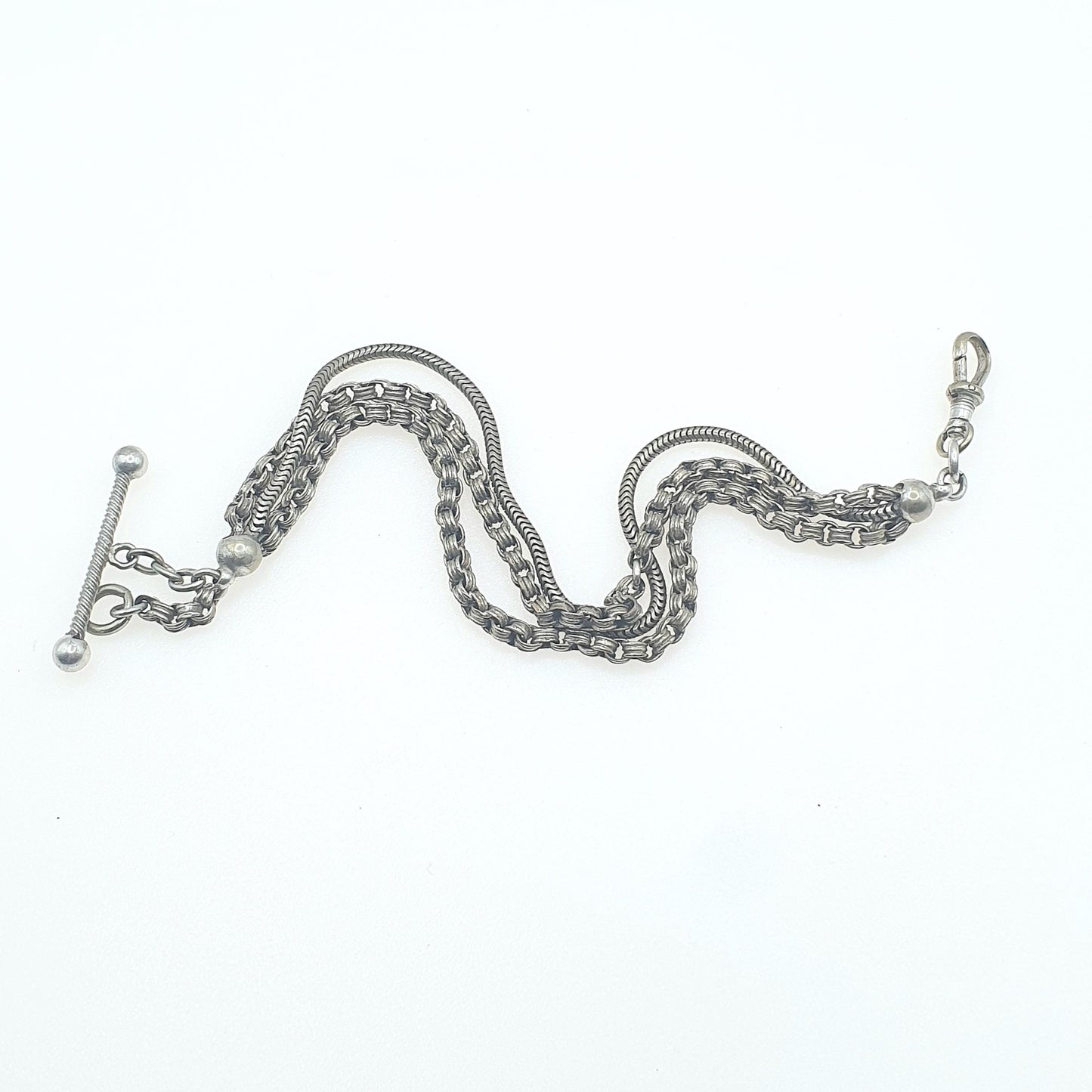 Antique Victorian Silver Plate Albertina Bracelet With Dog Clip and T Bar Albert Chain Belcher Link Women Mens Jewelry Jewellery