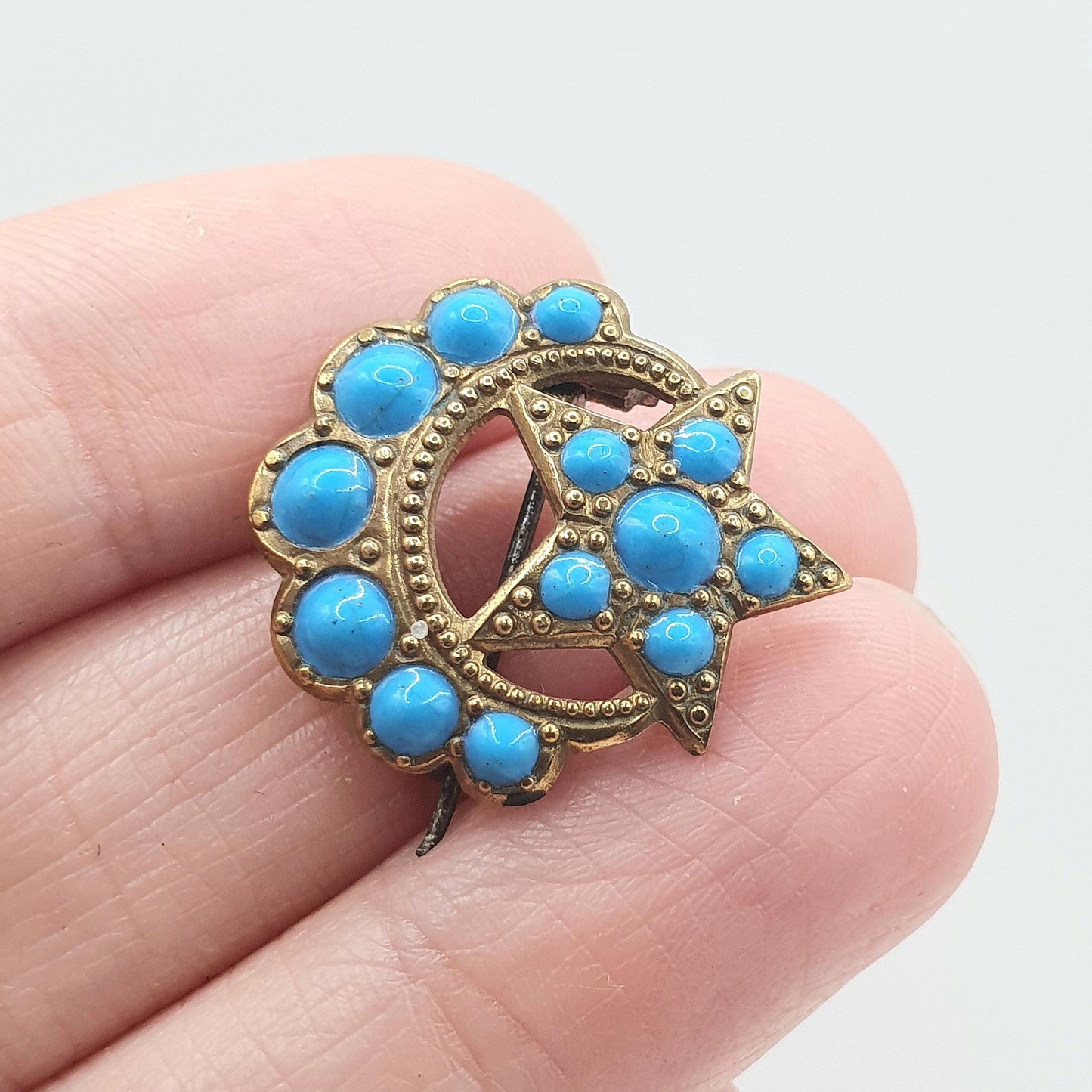 Antique Victorian Gold Gilt Faux Turquoise Star Crescent Moon Brooch Celestial Night Unisex Womens Jewelry Jewellery Vintage