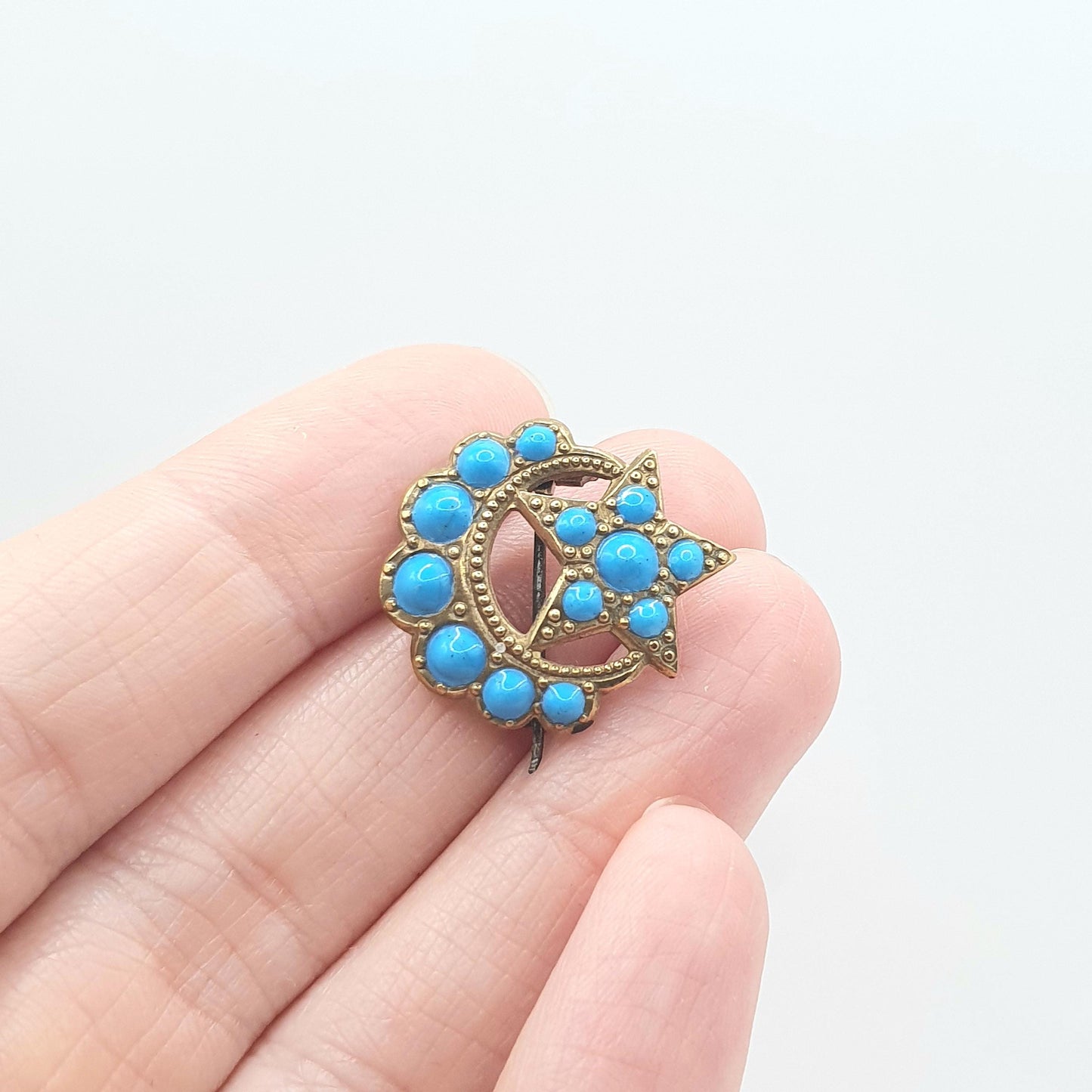 Antique Victorian Gold Gilt Faux Turquoise Star Crescent Moon Brooch Celestial Night Unisex Womens Jewelry Jewellery Vintage