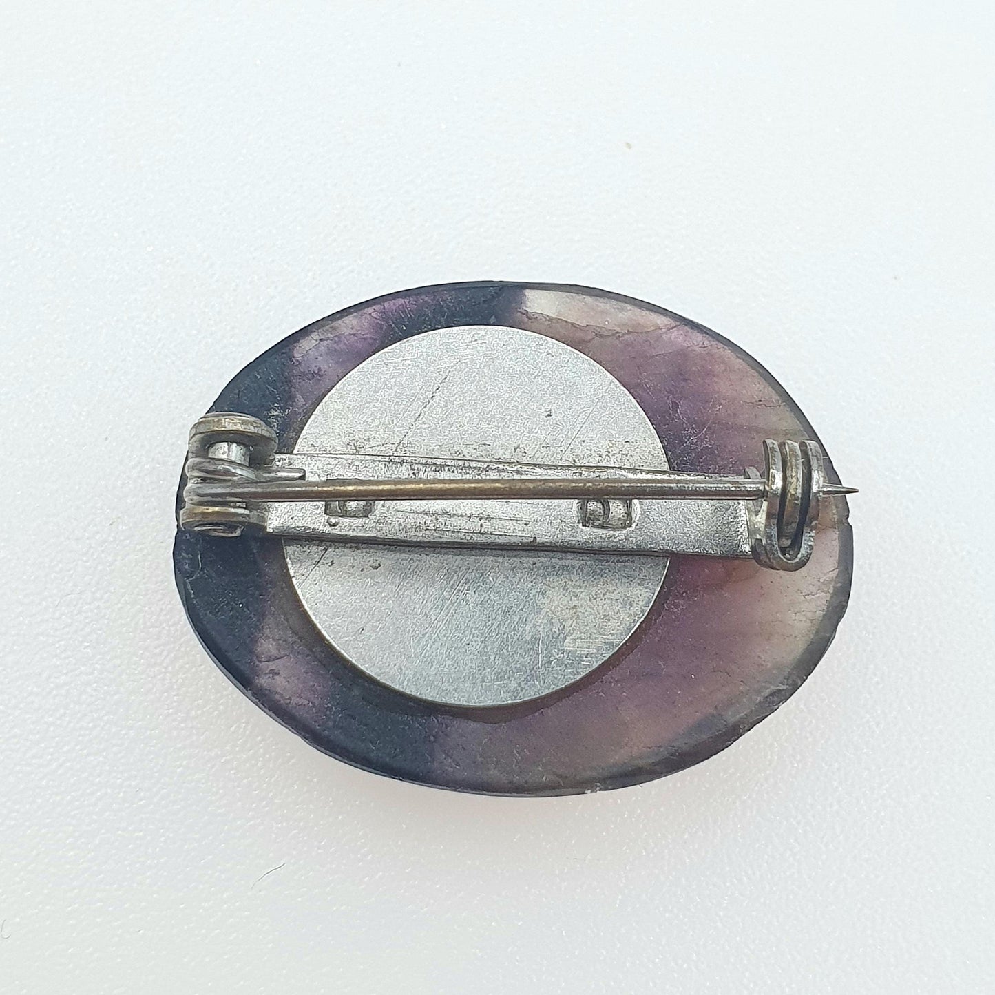 Vintage Blue John Brooch Large Purple Gemstone Rare Fluorite Derbyshire Silver Tone Base Metal Pebble Unisex Womens Jewelry Jewellery