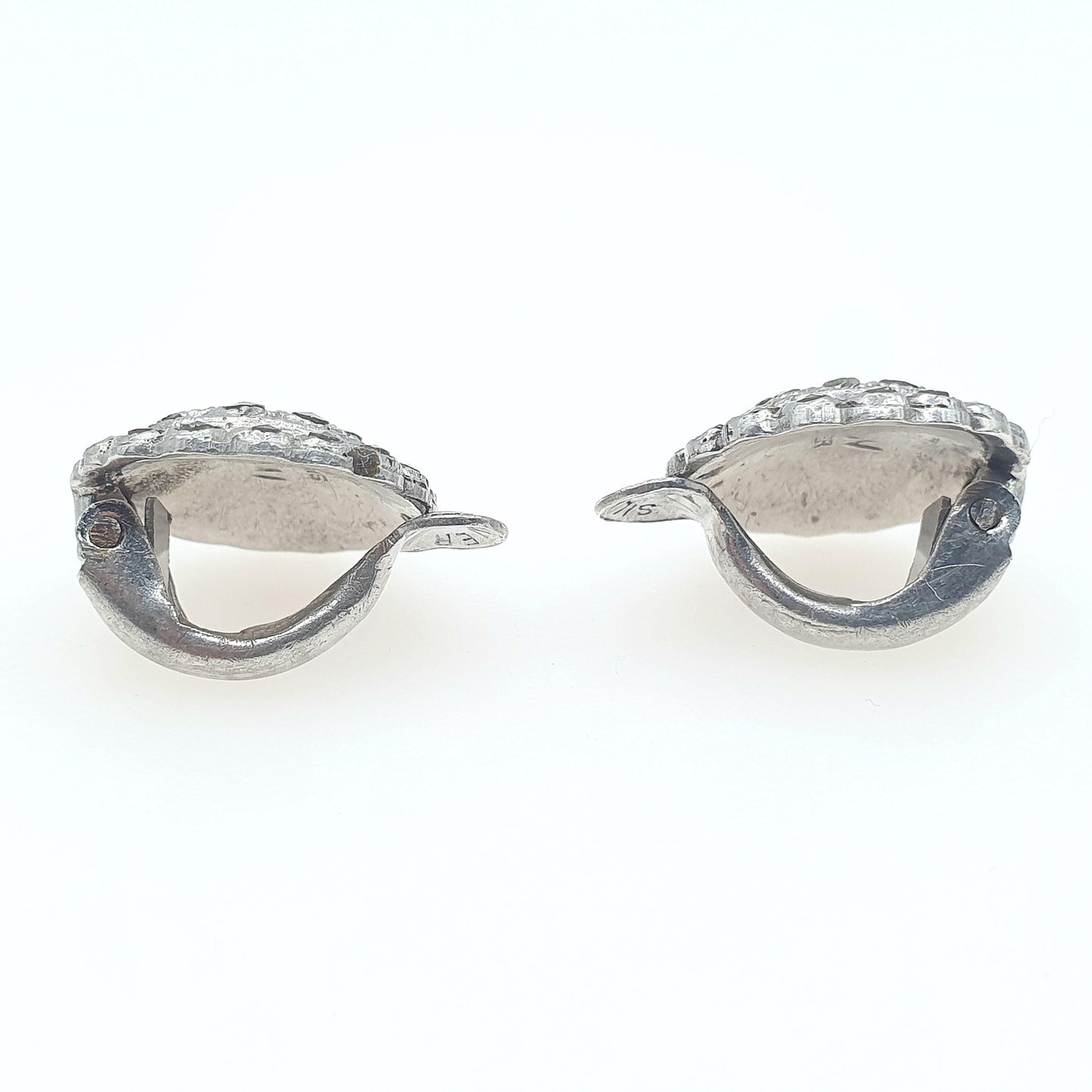 Antique Art Deco Solid Silver Star Earrings Marcasite Dome Clip On 1920s Flapper Womens Ladies Jewelry Jewellery