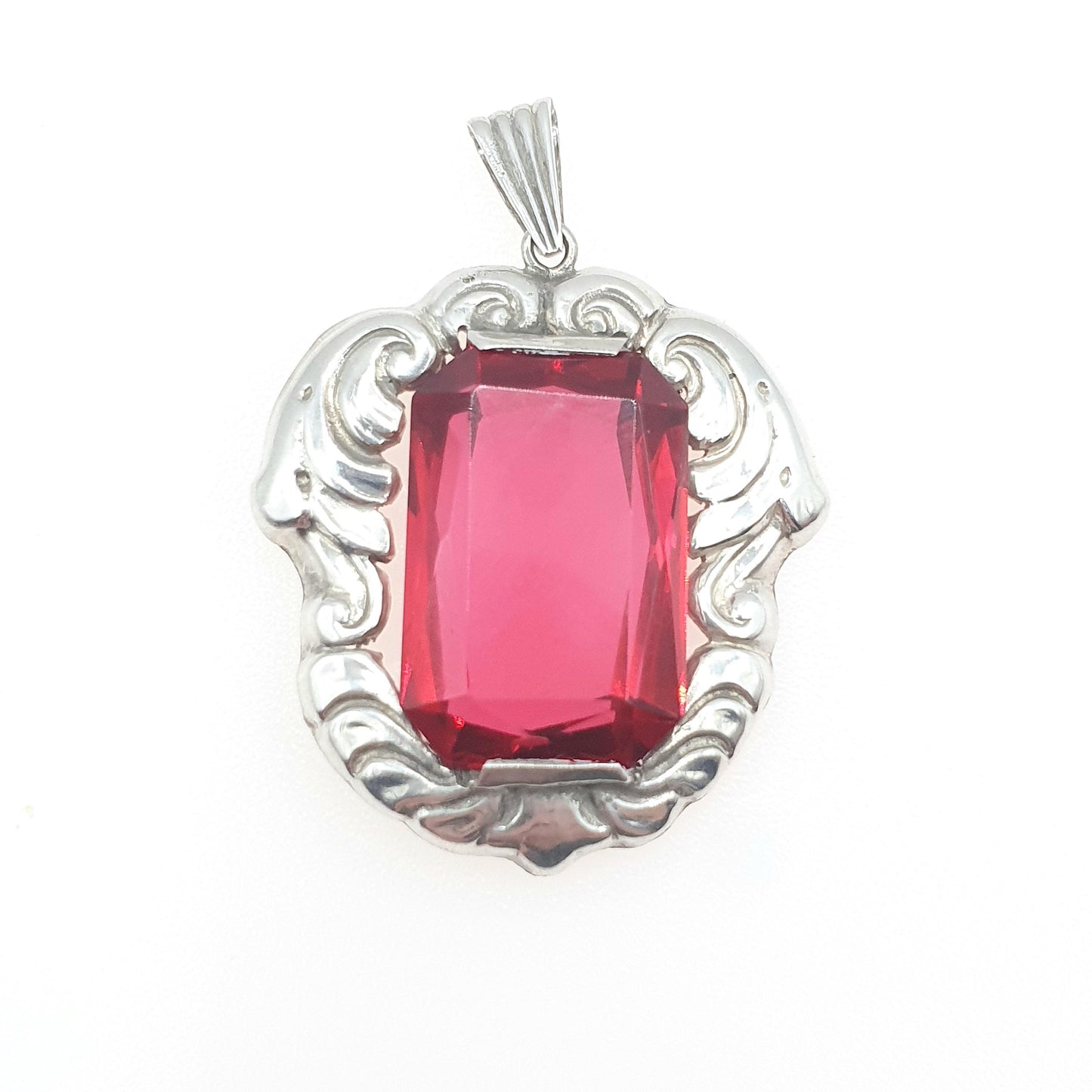 Old Vintage Solid Silver Ruby Paste Pendant Swedish Hallmark Art Nouveau Style Large Big Red Glass Jewelry Jewellery