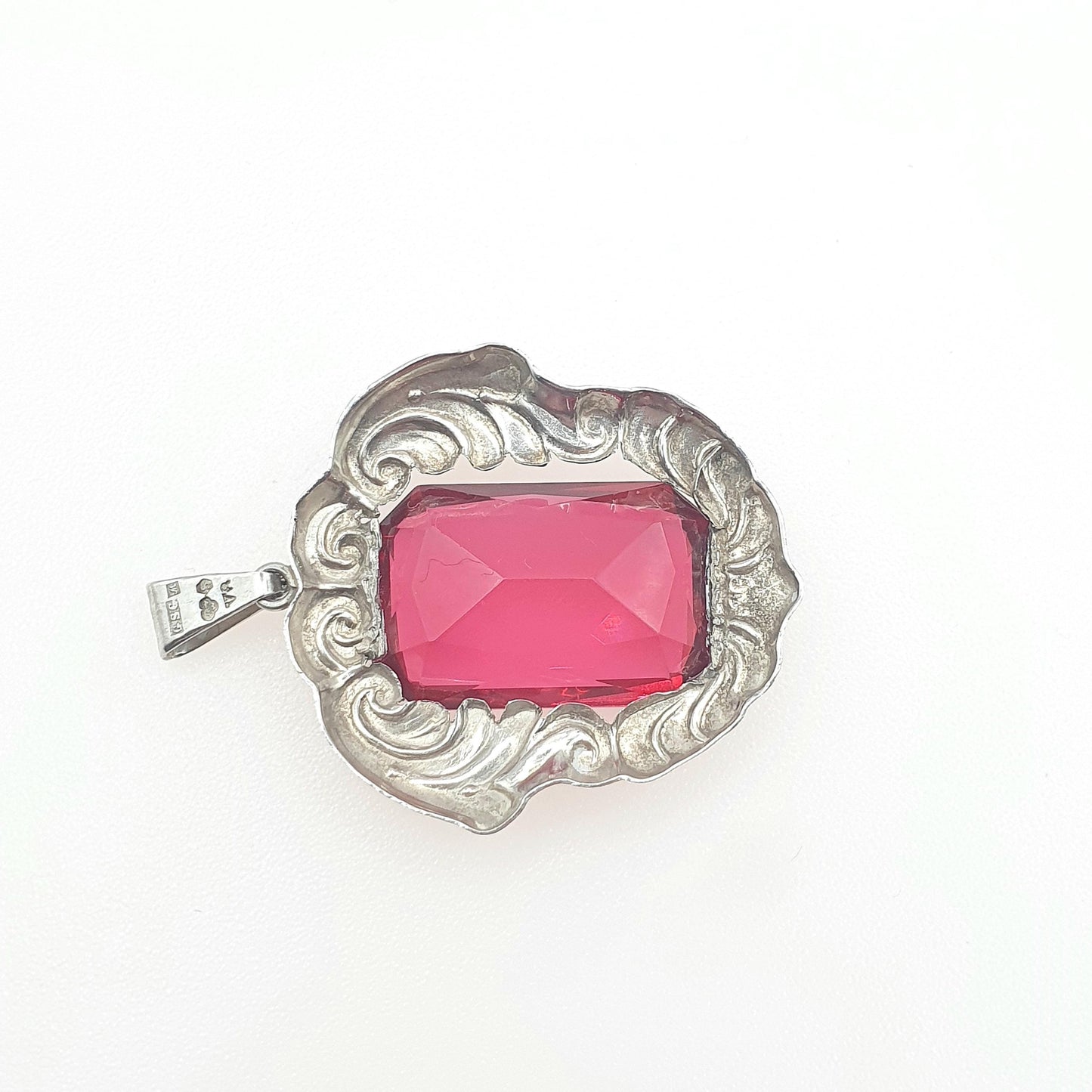 Old Vintage Solid Silver Ruby Paste Pendant Swedish Hallmark Art Nouveau Style Large Big Red Glass Jewelry Jewellery
