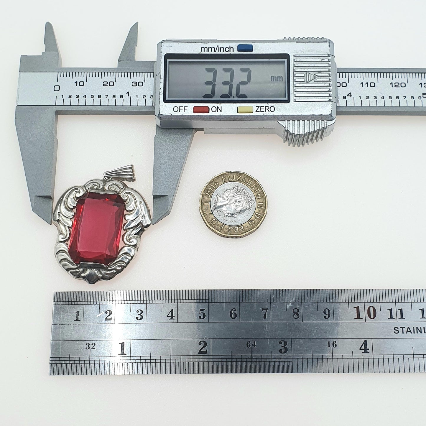 Old Vintage Solid Silver Ruby Paste Pendant Swedish Hallmark Art Nouveau Style Large Big Red Glass Jewelry Jewellery