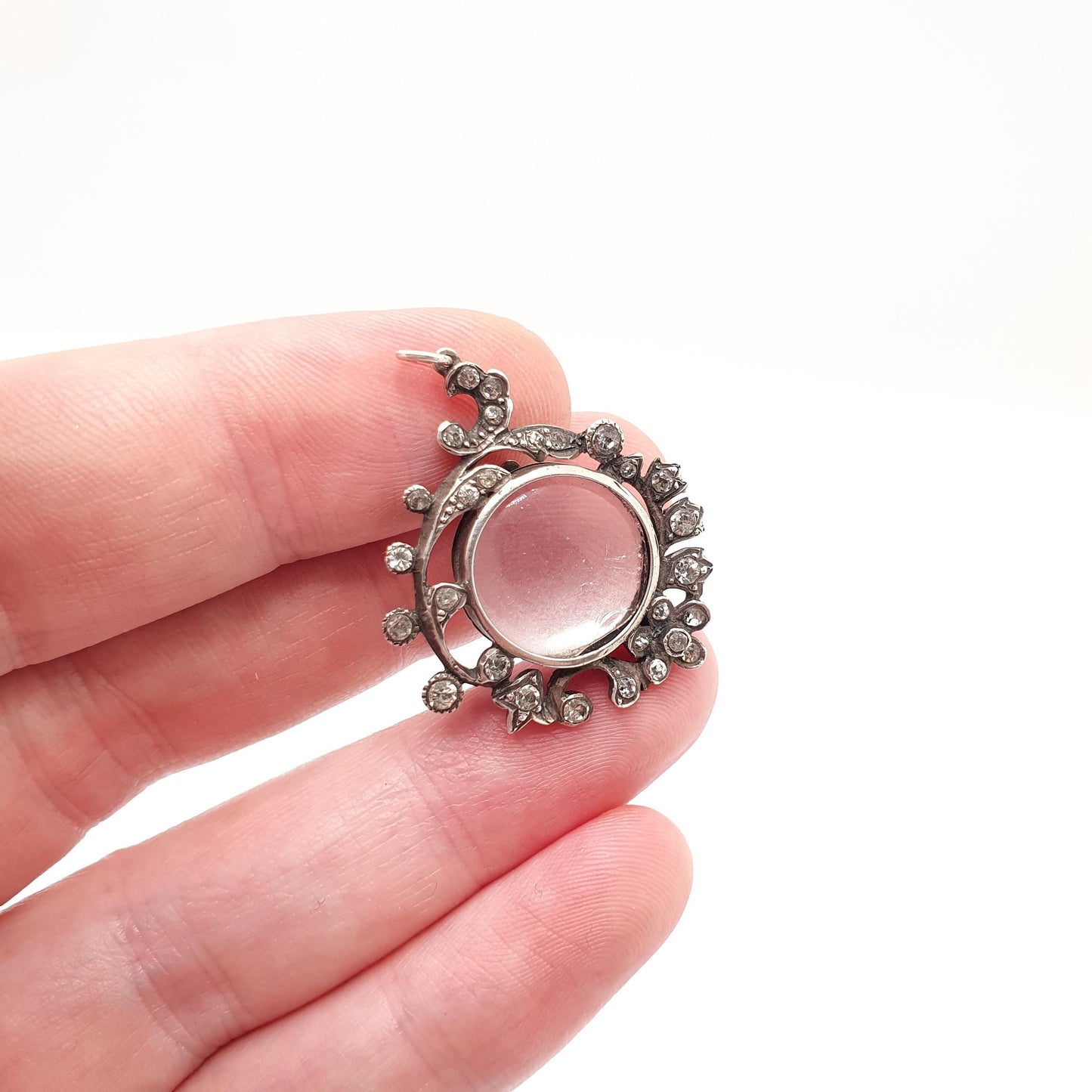 Antique Diamond Paste Solid Silver Locket Pendant Edwardian Necklace Picture Photo Flower Vintage Jewelry Jewellery