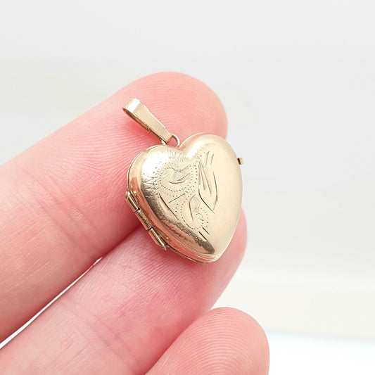 Vintage Solid 9k 375 Gold Heart Locket All 9ct Necklace Engraved Photo Picture Pendant Jewelry Jewellery