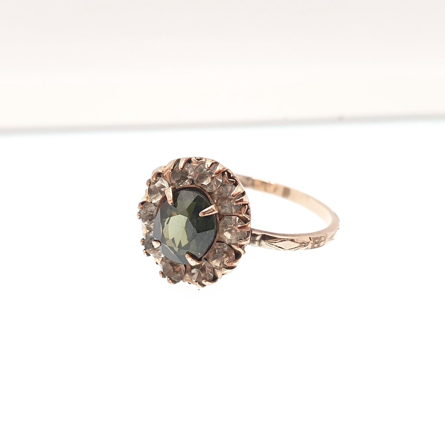 Antique Rolled Gold Peridot Paste Ring Victorian Olivine Tone Diamond Pastes Cluster Halo Filled Jewelry Jewellery