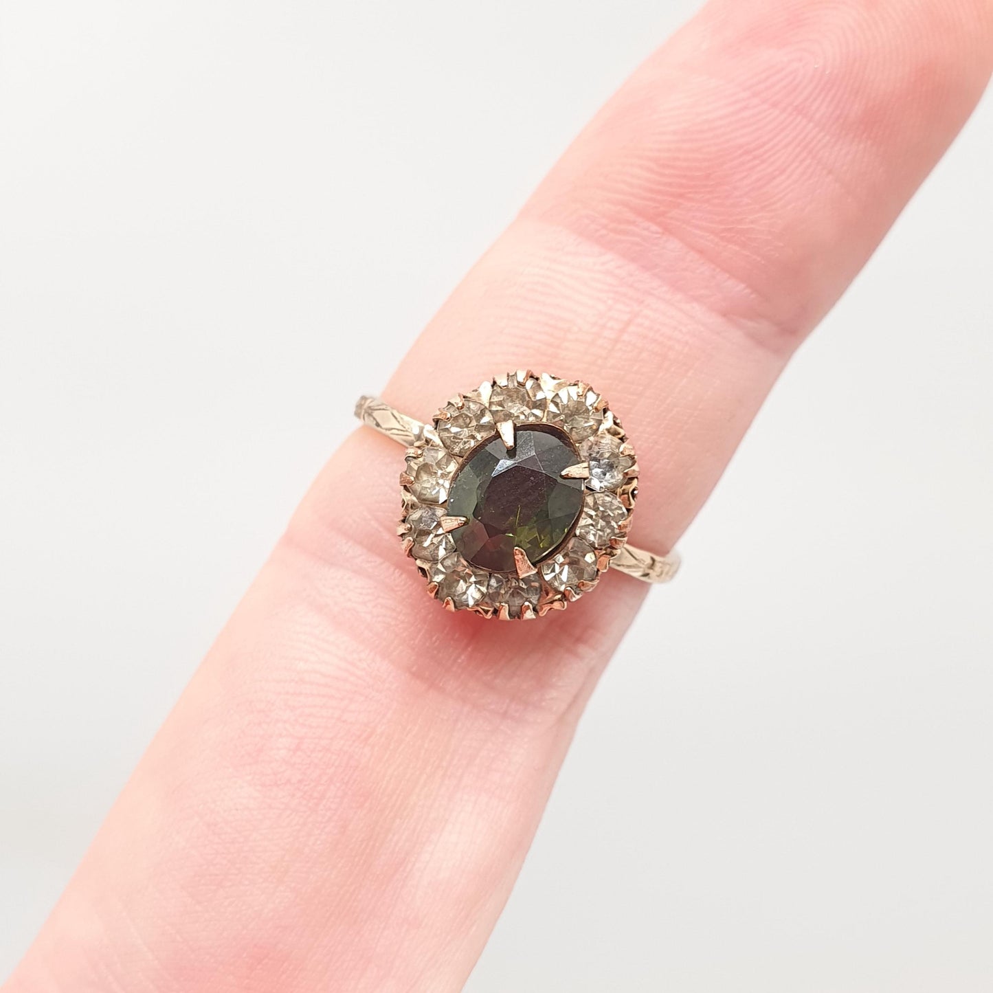 Antique Rolled Gold Peridot Paste Ring Victorian Olivine Tone Diamond Pastes Cluster Halo Filled Jewelry Jewellery