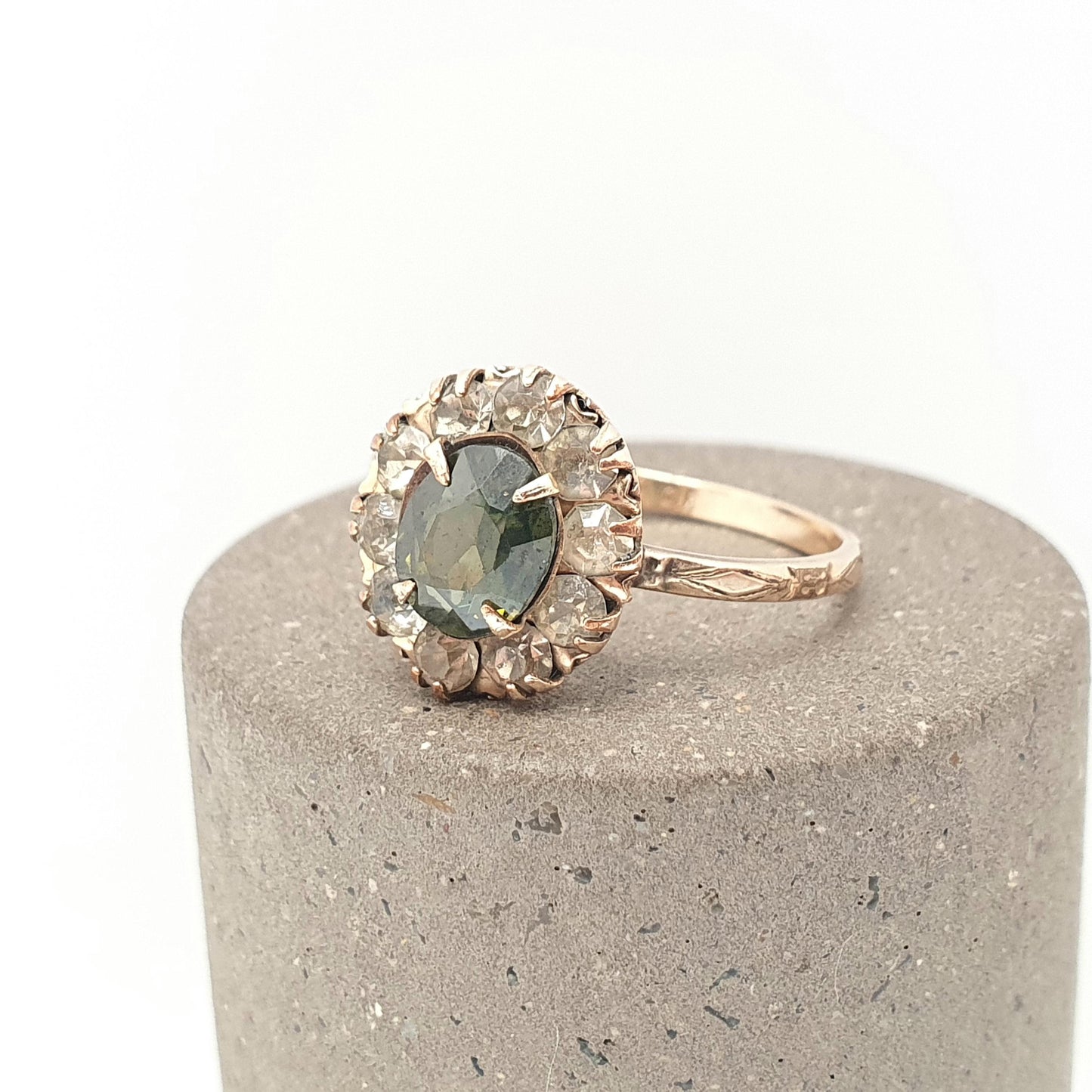 Antique Rolled Gold Peridot Paste Ring Victorian Olivine Tone Diamond Pastes Cluster Halo Filled Jewelry Jewellery