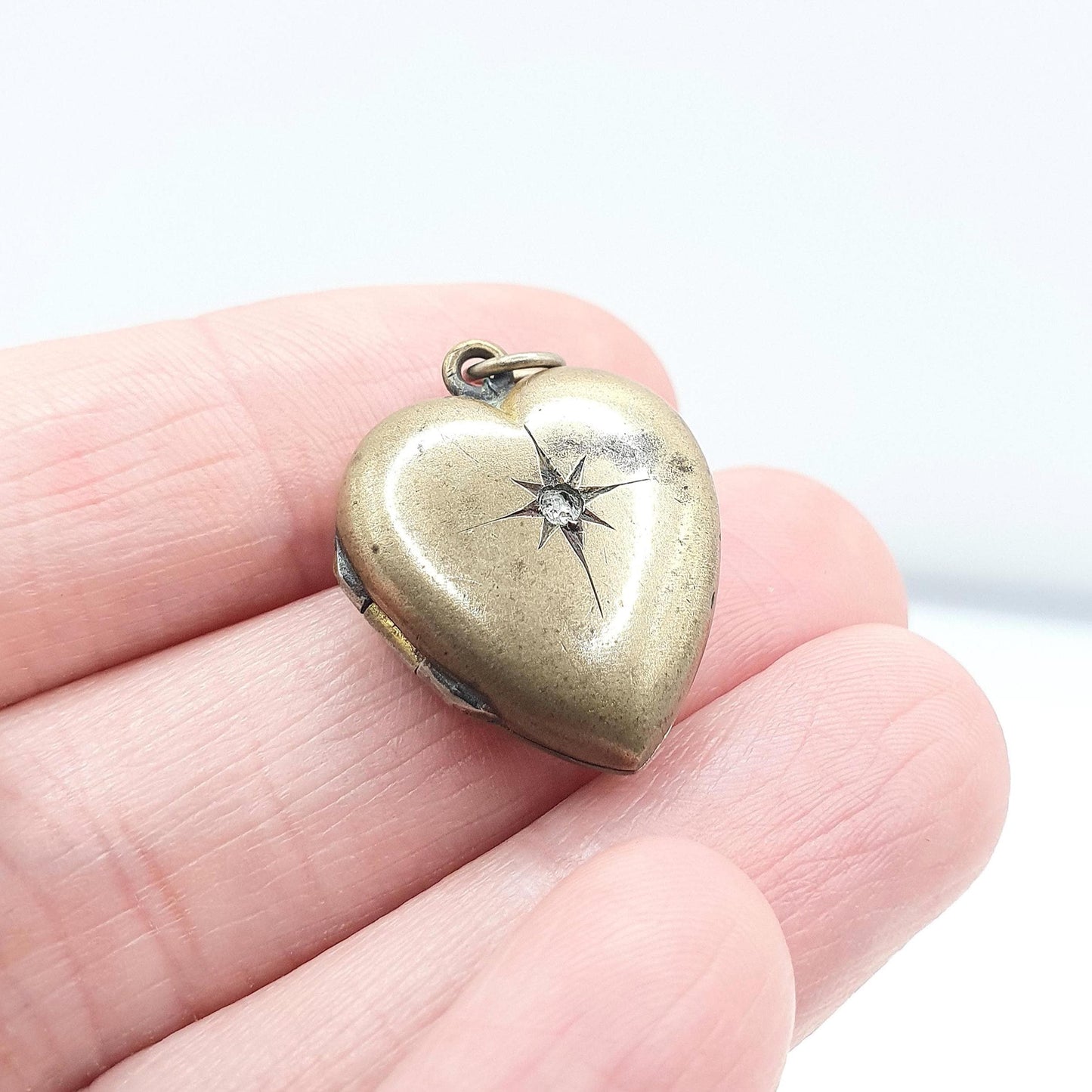 Antique Victorian Gold Tone Diamond Paste Heart Locket Cute Sweet Love Romantic Gift Vintage Jewellery Jewelry