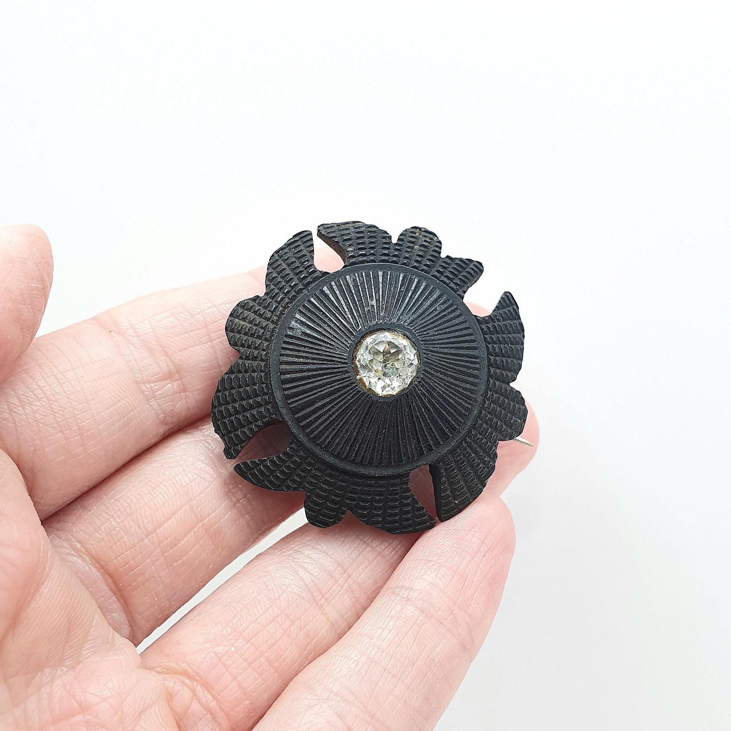 Antique Victorian Bog Oak Diamond Paste Brooch Hand Carved Cruciform Style Black Whitby Jet Imitation Vintage Unisex Jewelry Jewellery