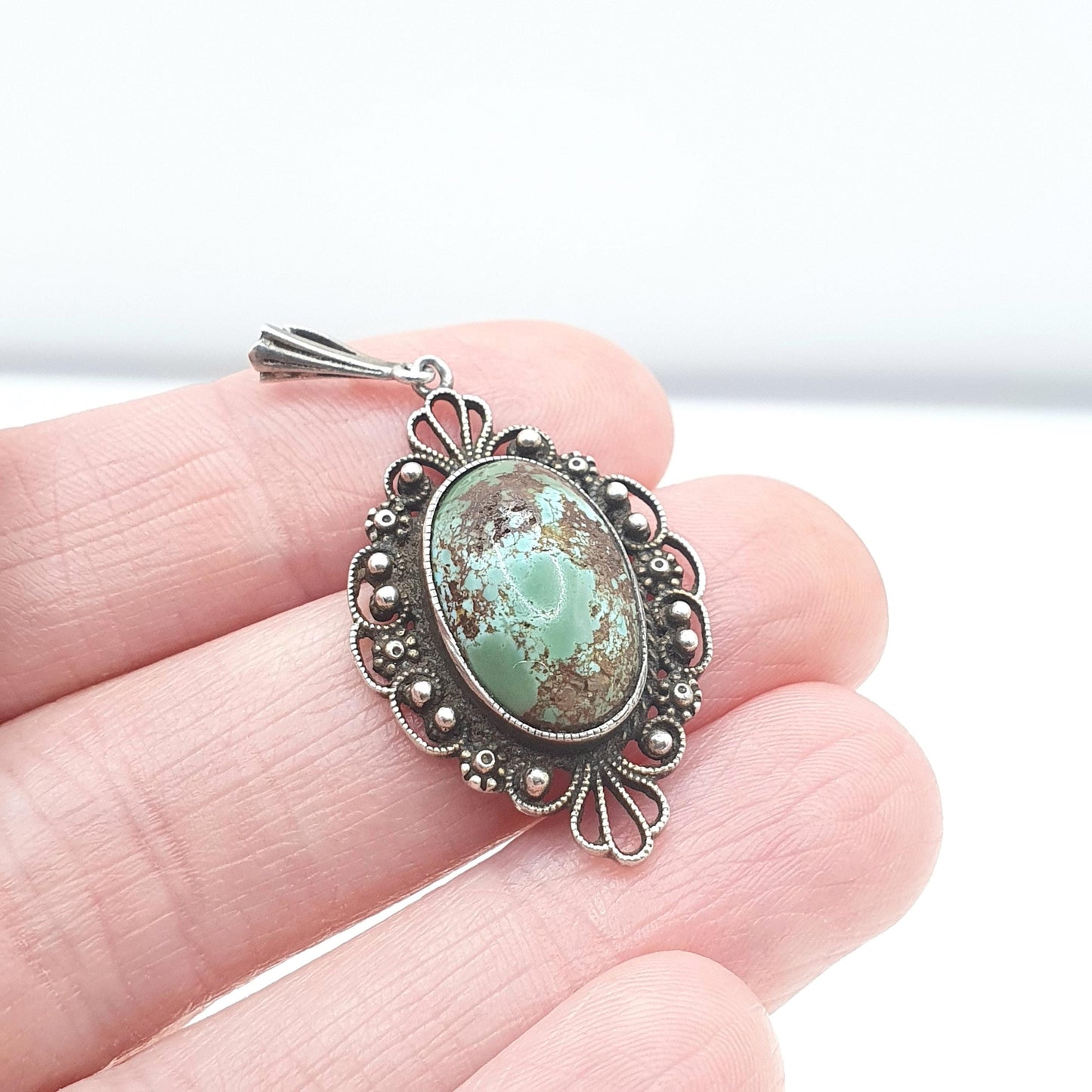 Antique Sterling Silver Turquoise Pendant Filigree Handmade Natural Gemstone Necklace Womens Jewelry Jewellery